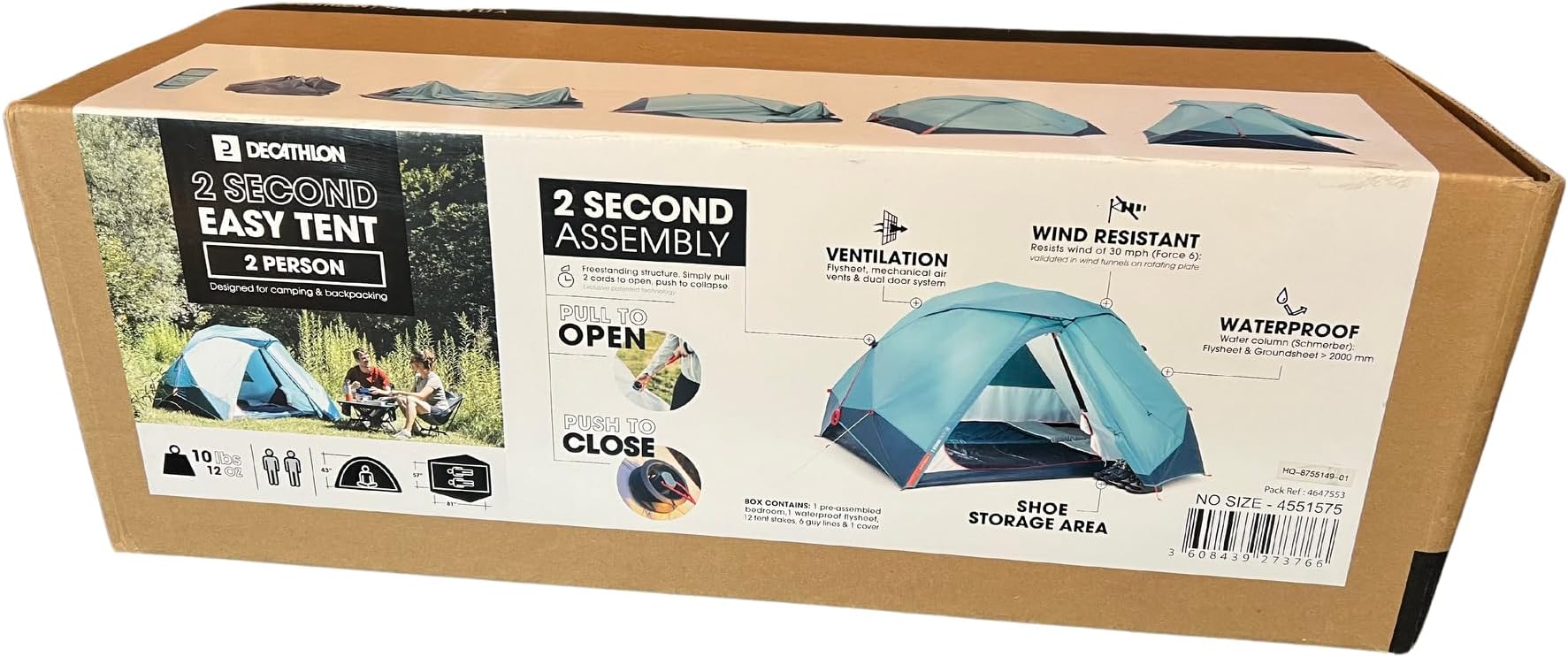 Quechua, 2 Second Easy Waterproof Pop up 43.3 inches, 2 Person Camping Tent, 9.6 lbs (Sleeping Area Dimensions: 80.7"" X 57.1), Blue