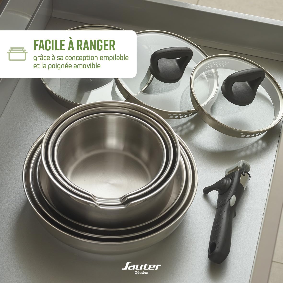 Qdesign - Batterie de Cuisine à Induction 10 Pièces - Set de 3 Casseroles, 3 Poêles et 3 Couvercles Passoires avec Poignée Amovible - Acier Inoxydable - Lot pour Tout Feu - Argenté