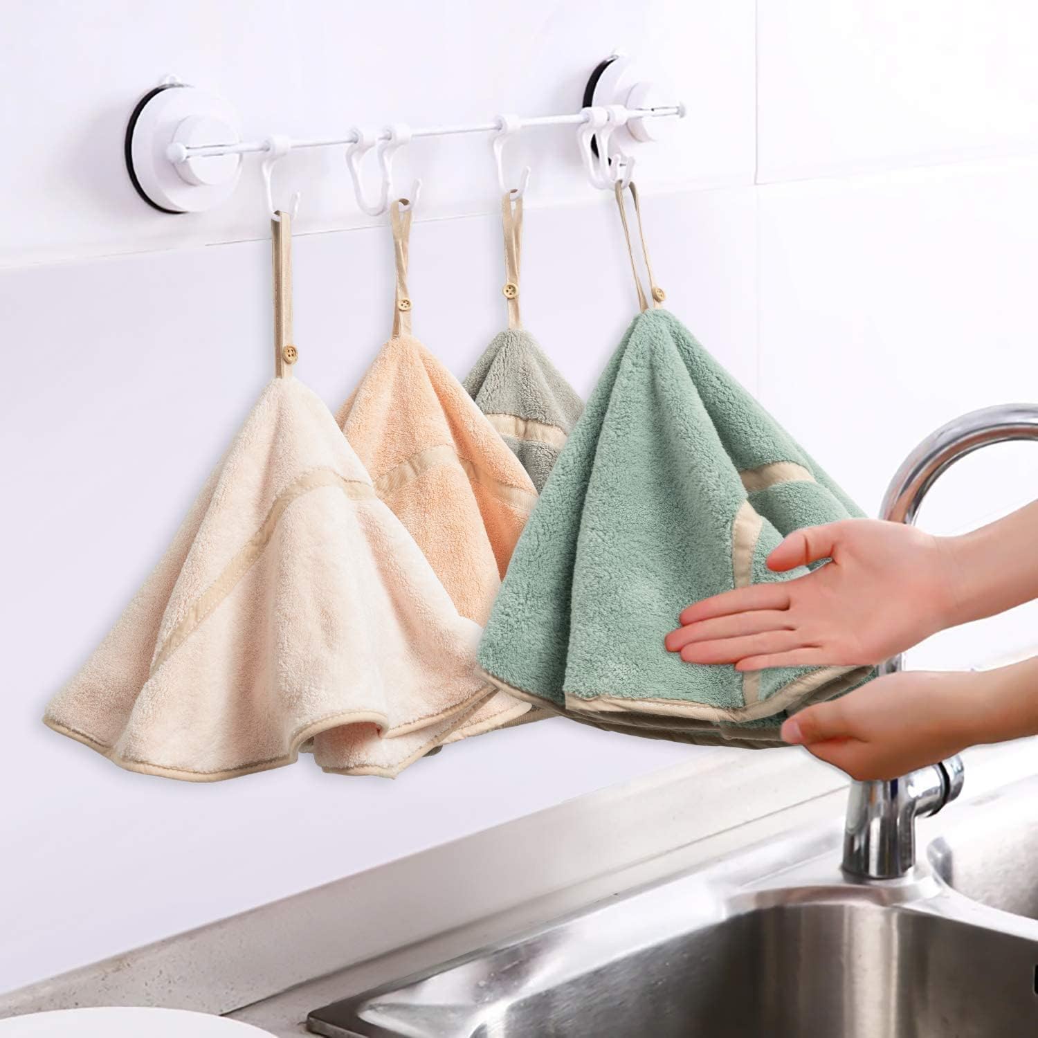Lot De 4 Essuie Mains à Suspendre Avec Boucle De Suspension Absorbante En Polaire Corail Pour Salle De Bain Torchon Doux Et Epais Essuie Mains 99414651