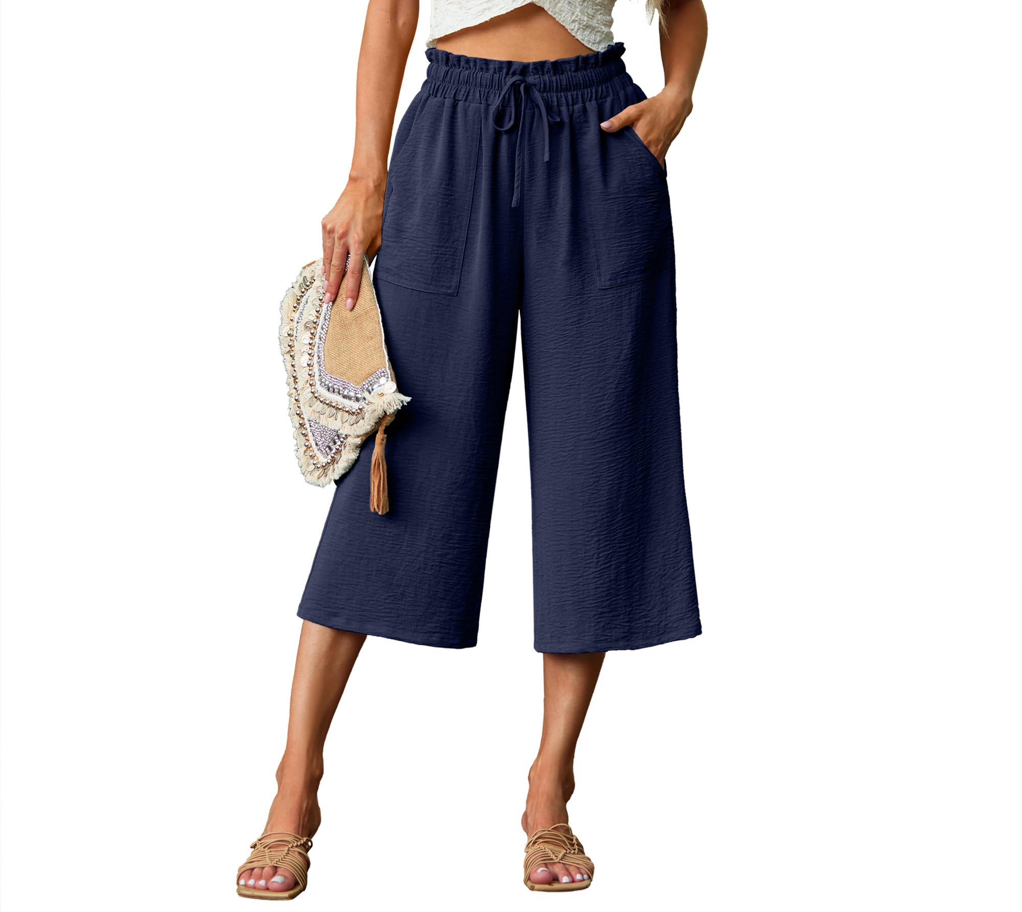 Qixing Womens High Waisted Wide Leg Capri Pants Casual Adjustable Tie Knot Pants with Pocket