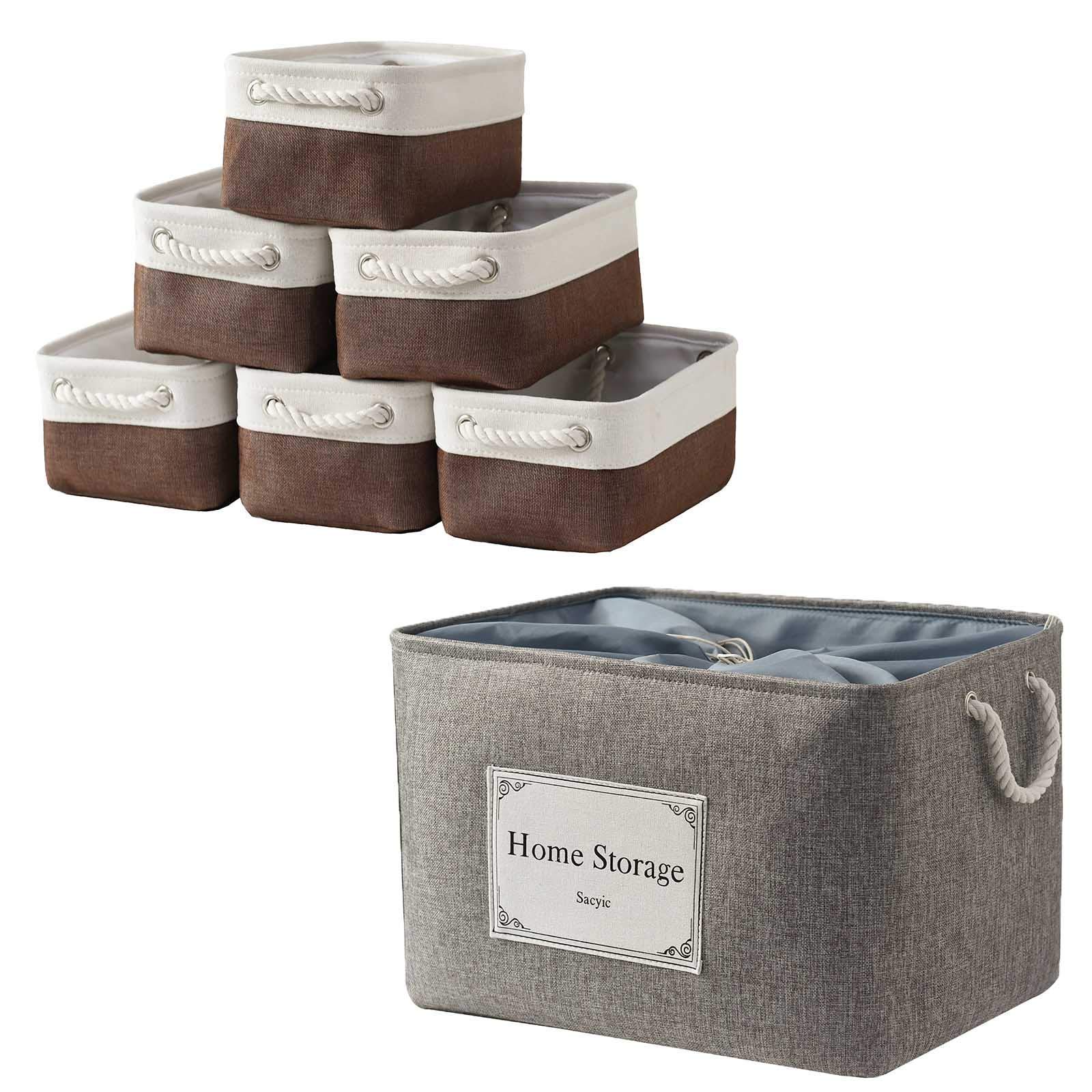 Sacyic Small Storage Baskets for Shelves, Fabric Storage Baskets for Closet, Rectangular Collapsible Baskets for organizing Clothes, Toys, Books, Gifts [ White&Brown]