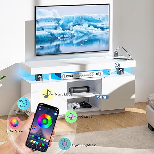 Miniatura 4 de HOMMPA Soporte de TV LED moderno para TV de 55/50/43/40/32 pulgadas con tomas de corriente, centro de entretenimiento con almacenamiento para