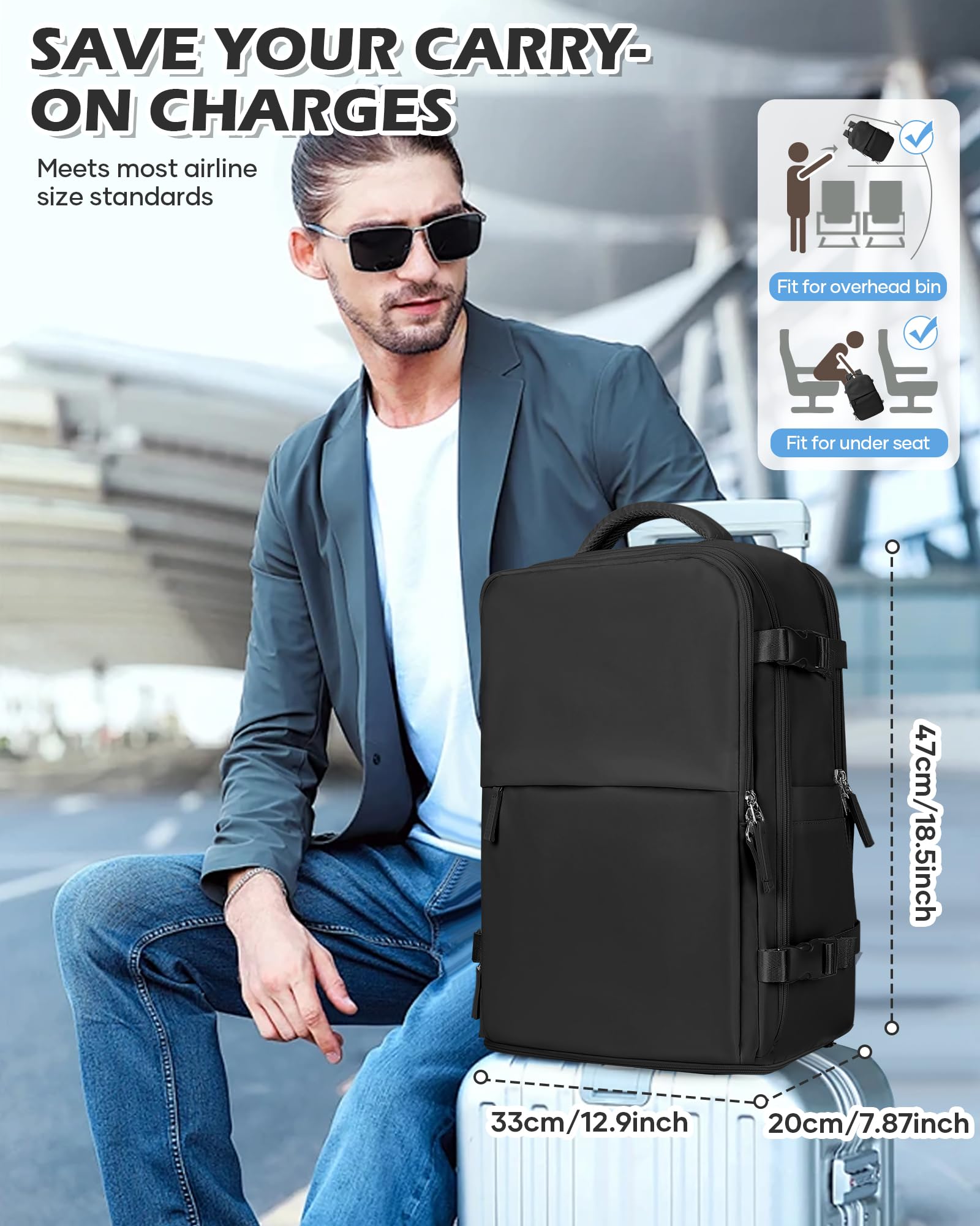 BJLFS Zaino da Viaggio con Sottovuoto Ryanair 40x30x20 Wizzair Bagaglio a mano 40x20x25 Ryanair con Pompa Borse da Cabina per Easyjet 45x36x20 con compressione sottovuoto,Zaino Casual per Laptop