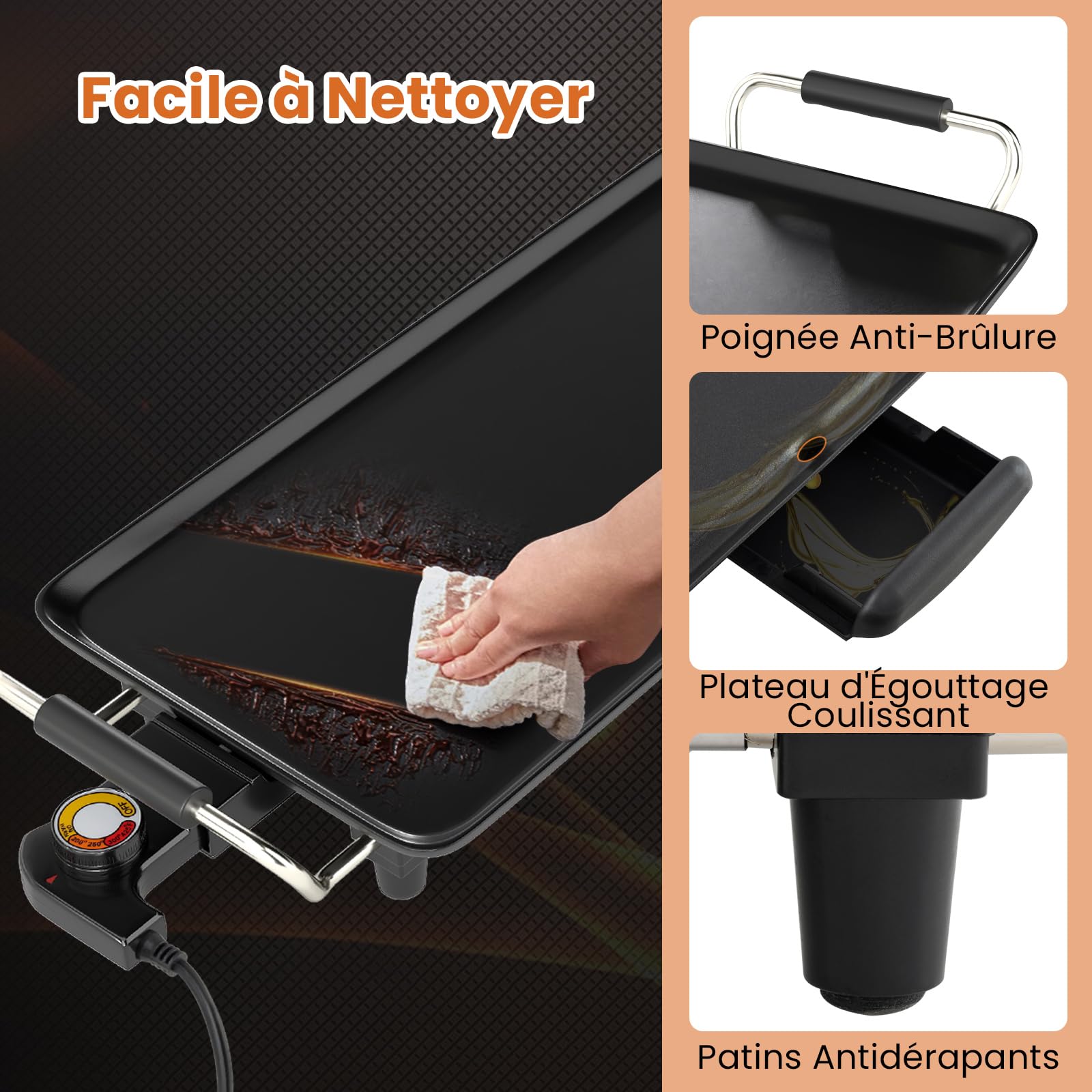 GOPLUS Plancha Électrique XXL 1400W, Thermostat Ajustable, Plancha Grille Table Antiadhésive & Lavable avec Poignée Rembourrée, Grande Capacité pour 8 Personnes (70x24CM)