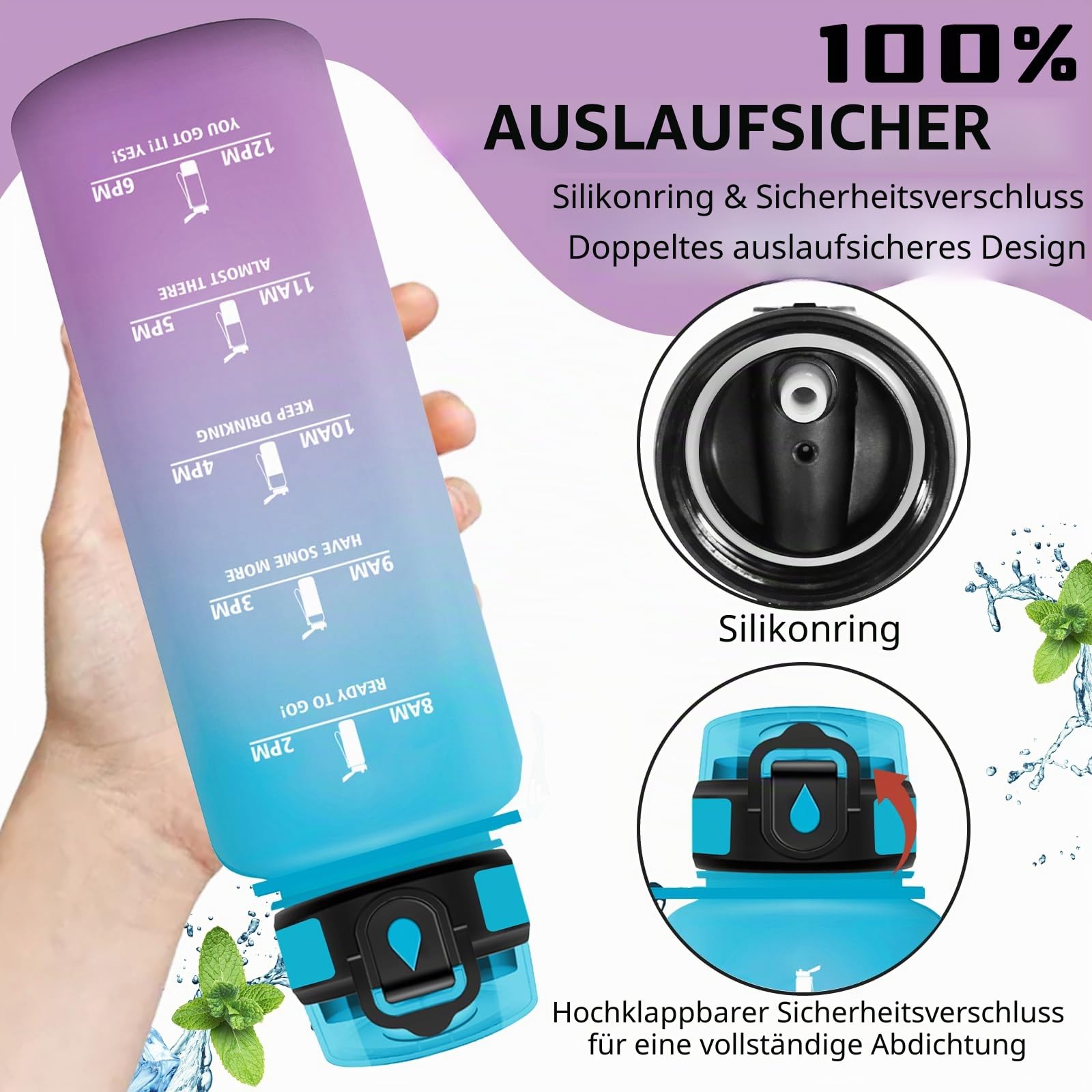 Trinkflasche Sport, Trinkflasche 1 5 liter, Wasserflasche mit Strohhalm, mit Motivierendem Slogan, Wasserflasche Auslaufsicher, Leicht zu Reinigen, Flasche für Camping, Outdoor, Wandern, Running