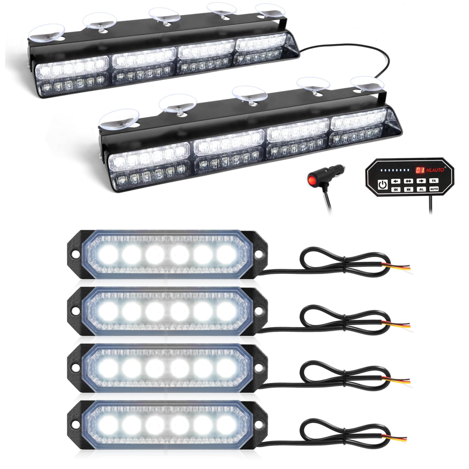 HLautoBundle-2 Items: 604N Emergency Dash Strobe Light w/Controller, 2x16.8 Safety Light w/Take Down (White) + 4Pcs 6 LED Strobe Grille Light, 12V-24V Surface Mount Warning Light (White)
