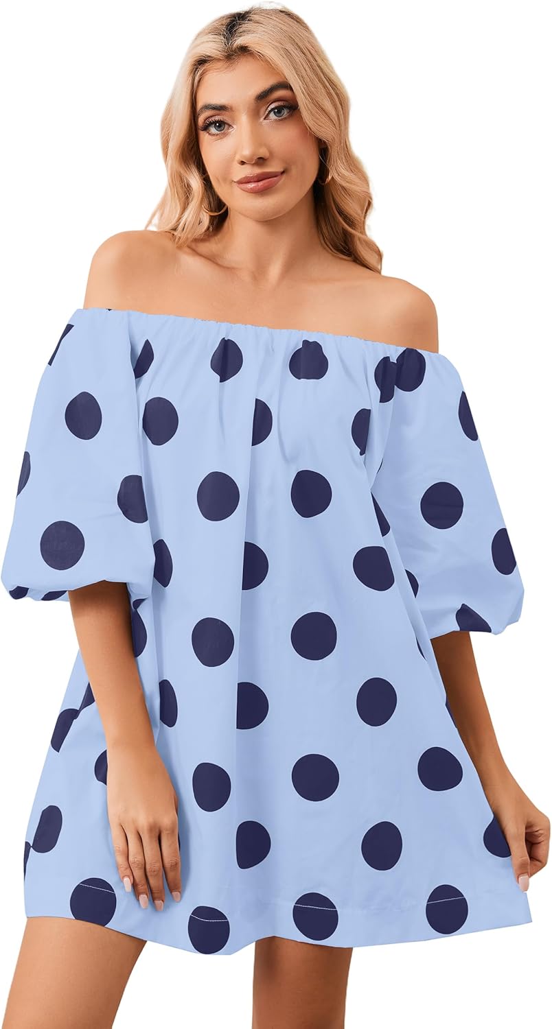 Summer Off The Shoulder Polka Dot Mini Dress Puff Sleeve Baggy Flowy Cute Babydoll Dress Casual Loose Short Dresses - Image 2