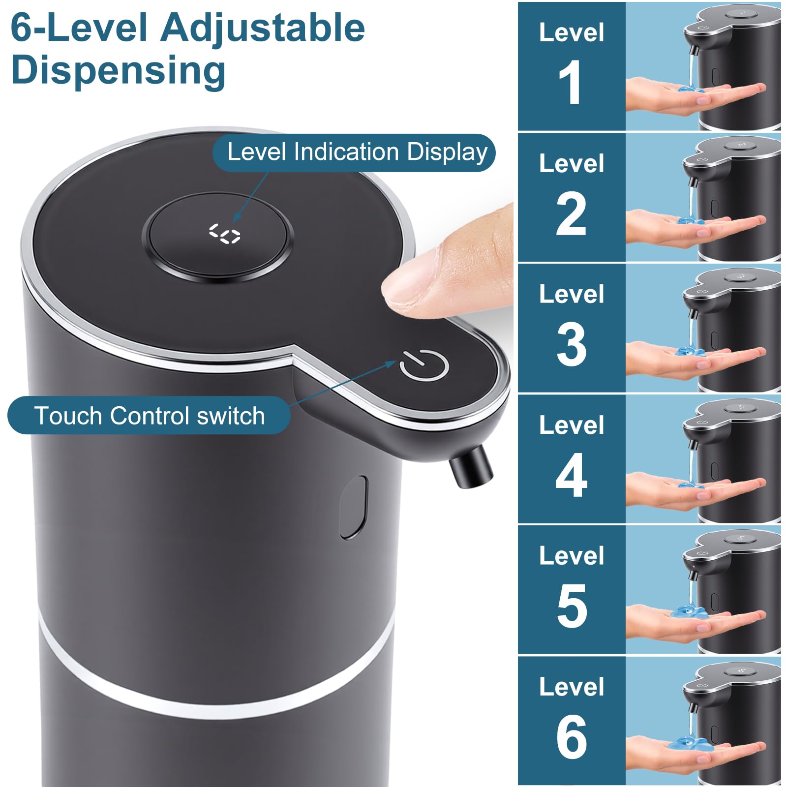 Dispenser di sapone automatico 380ml Dispenser di sapone liquido ricaricabile intelligente senza contatto a 6 livelli (nero)