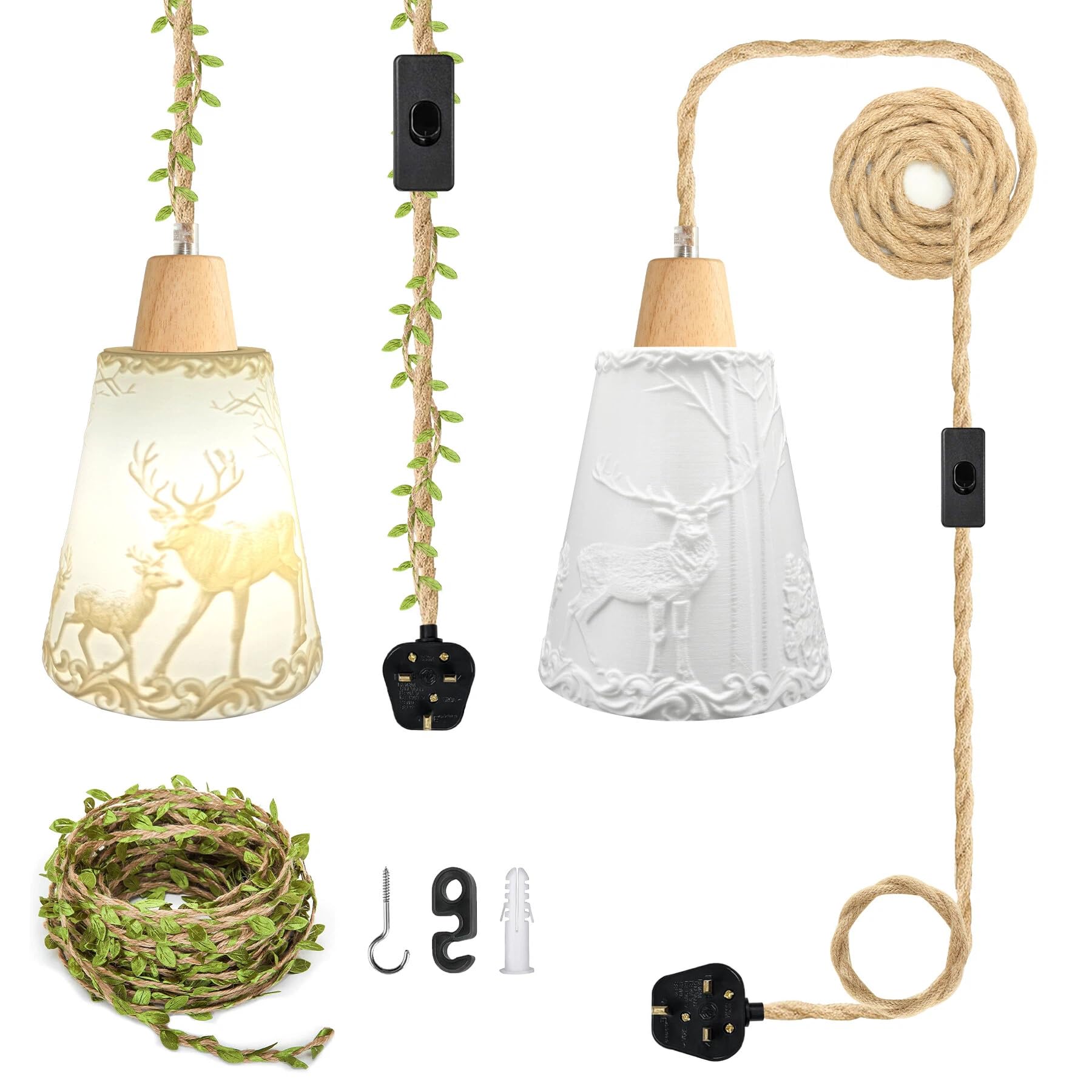 ZRLXFM 5.1M Hemp Rope Plug in Pendant Light Kit, 3D Printed Moose Lampshade with Switch, E27 Lamp Socket, Rustic Ceiling Hanging Lighting Fitting with 5m Green Decorative Cord