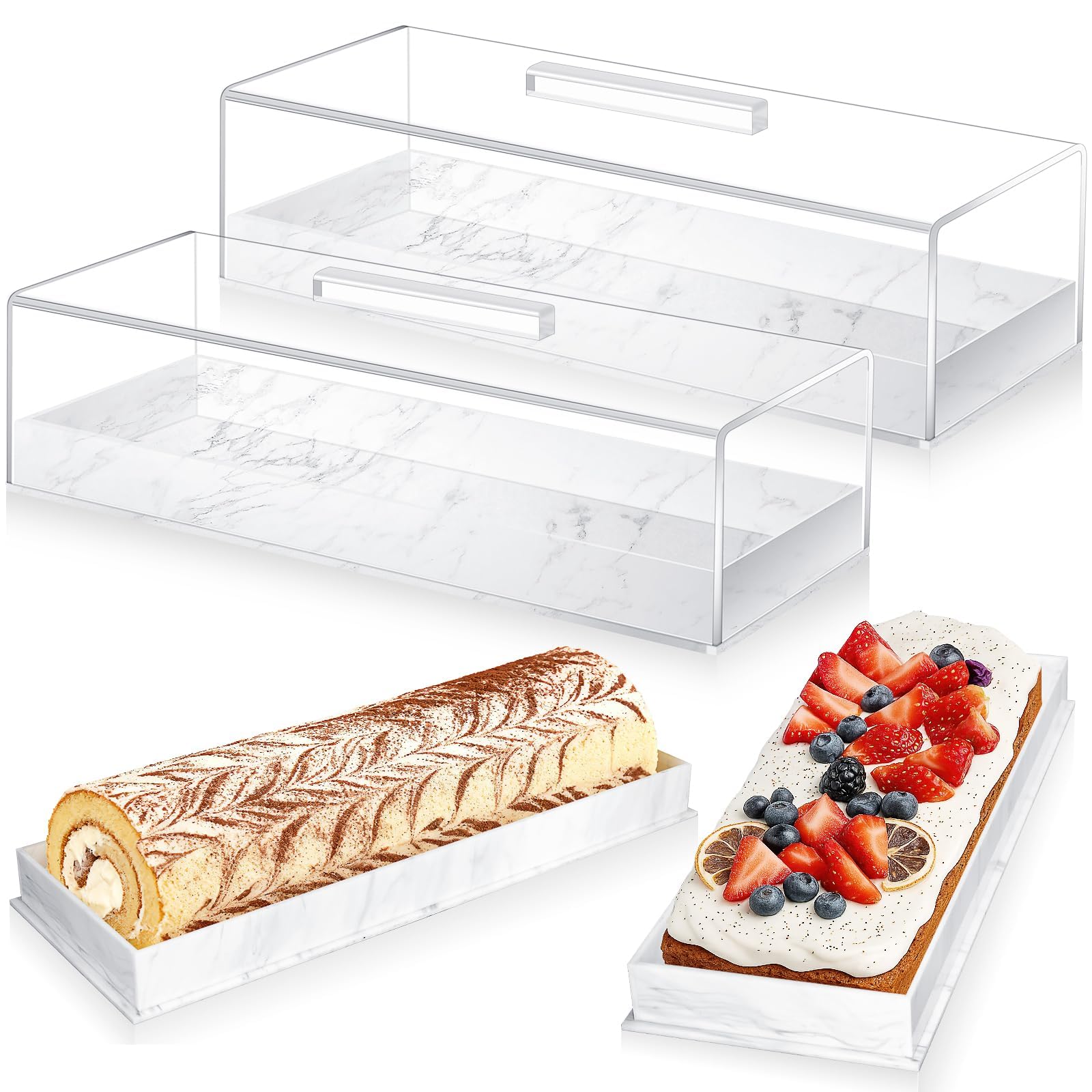 White Marble Cake Tray with Lid, 2-Pack Rectangle Pastry Display Case | Premium Acrylic Platter; Afternoon Tea Buffet; Elegant Dessert Serving Stand