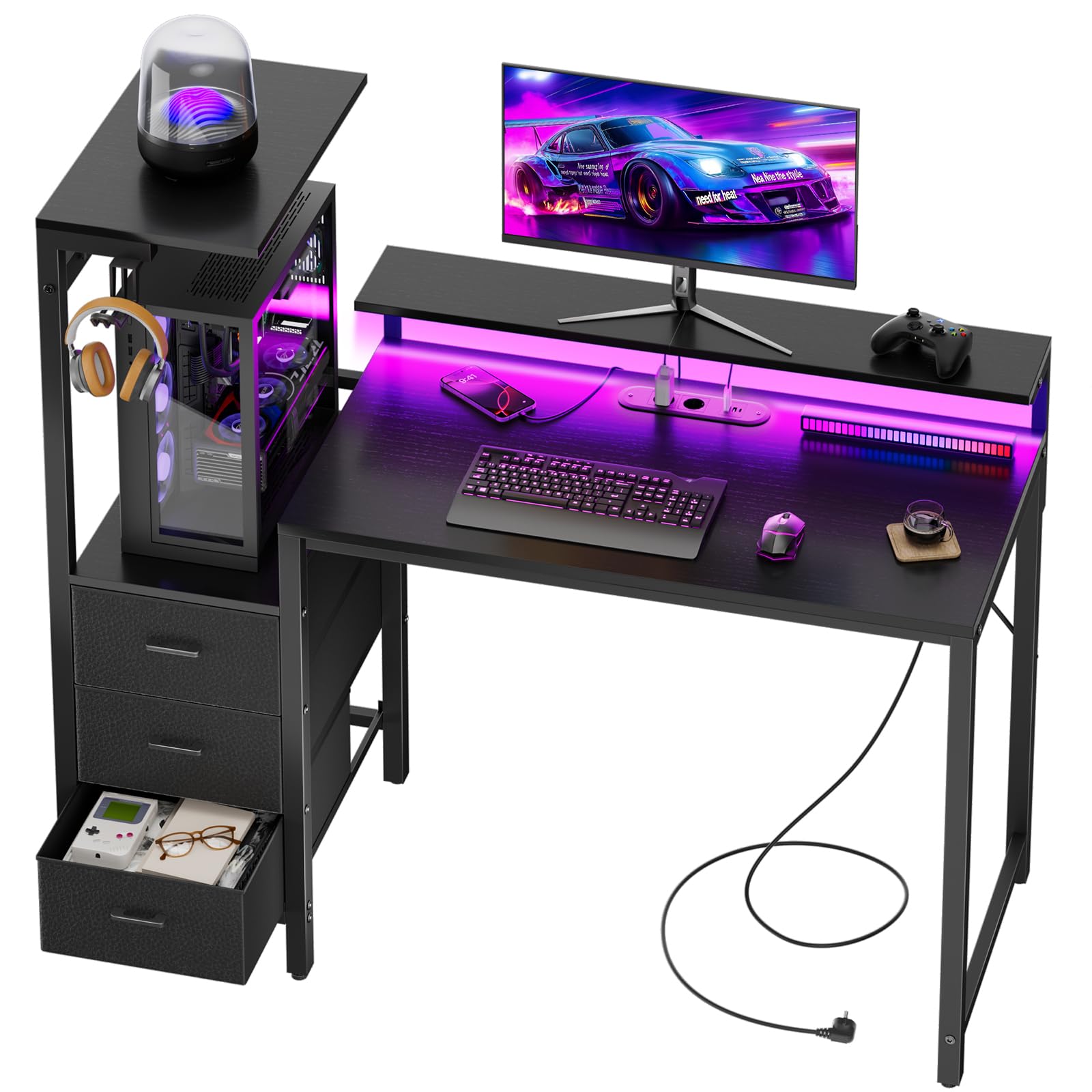 SOLAVERO Bureau Gaming avec LED & Prise Intégrée, 112cm Bureau d'Ordinateur Réversible avec Étagères & Tiroirs en Tissu, Table Gamer avec Support d'Écran et Crochet pour Casque, Noir