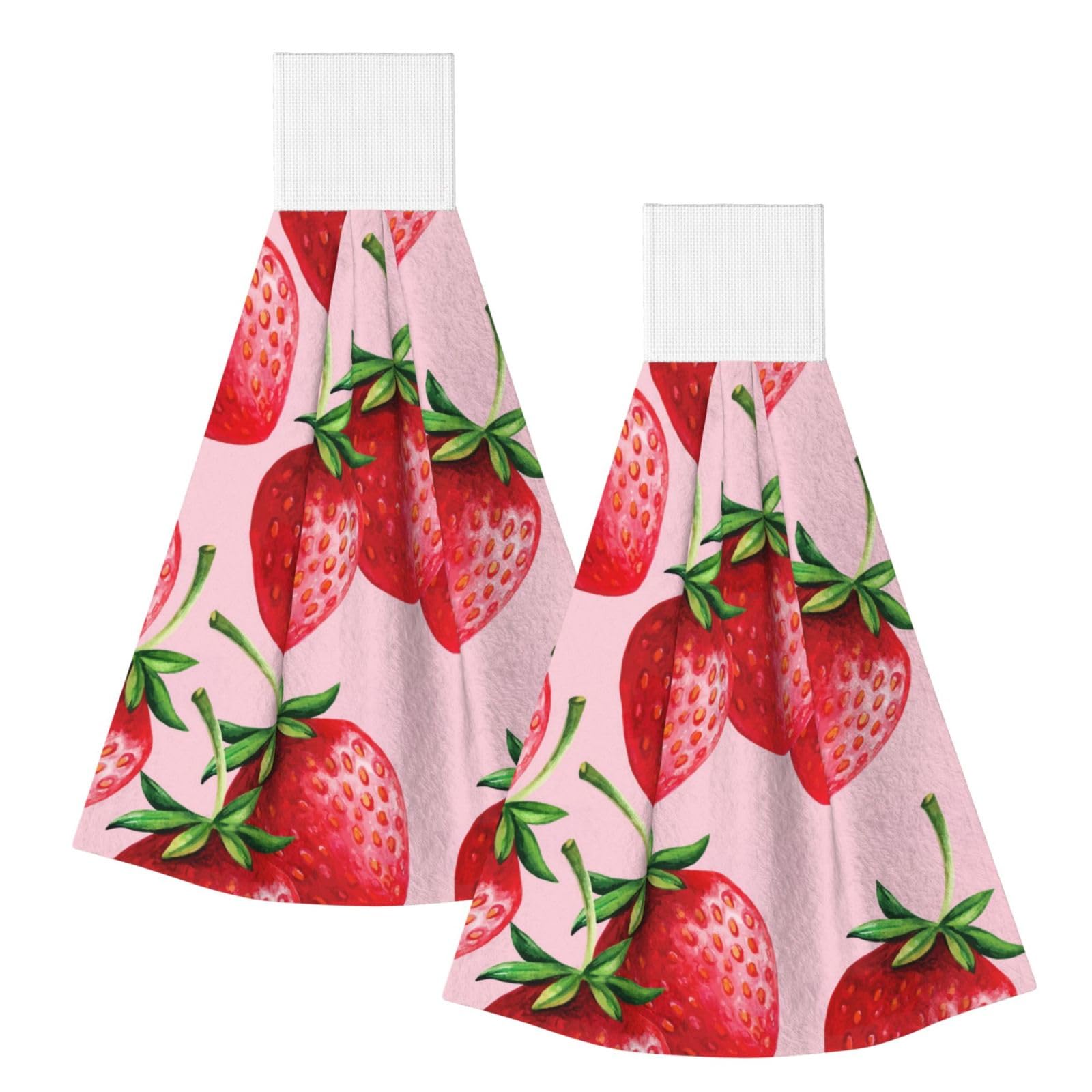 DOPKLNA Strawberries With Pink Background, 2 Pcs Hanging Coral Fiber Hand Towels for Bathroom, Absorbent Kitchen Towels