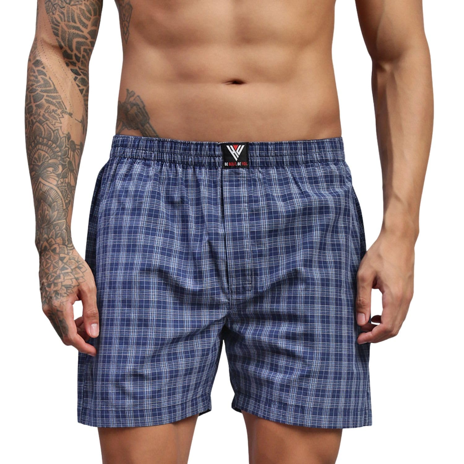 Navy & White Checks Men Cotton Checked Boxer Shorts-image-1