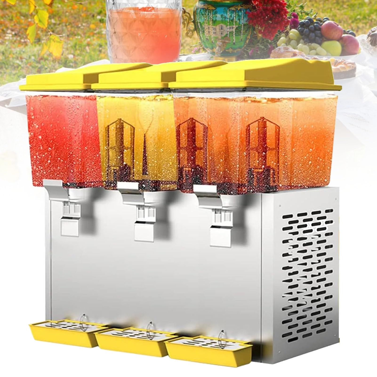 HCZKIUJY Juice Beverage Dispenser, 3-Tank Drink Dispenser, 48L Capacity, Commercial Stainless Steel with Thermostat Controller for Various Beverages (Yellow)