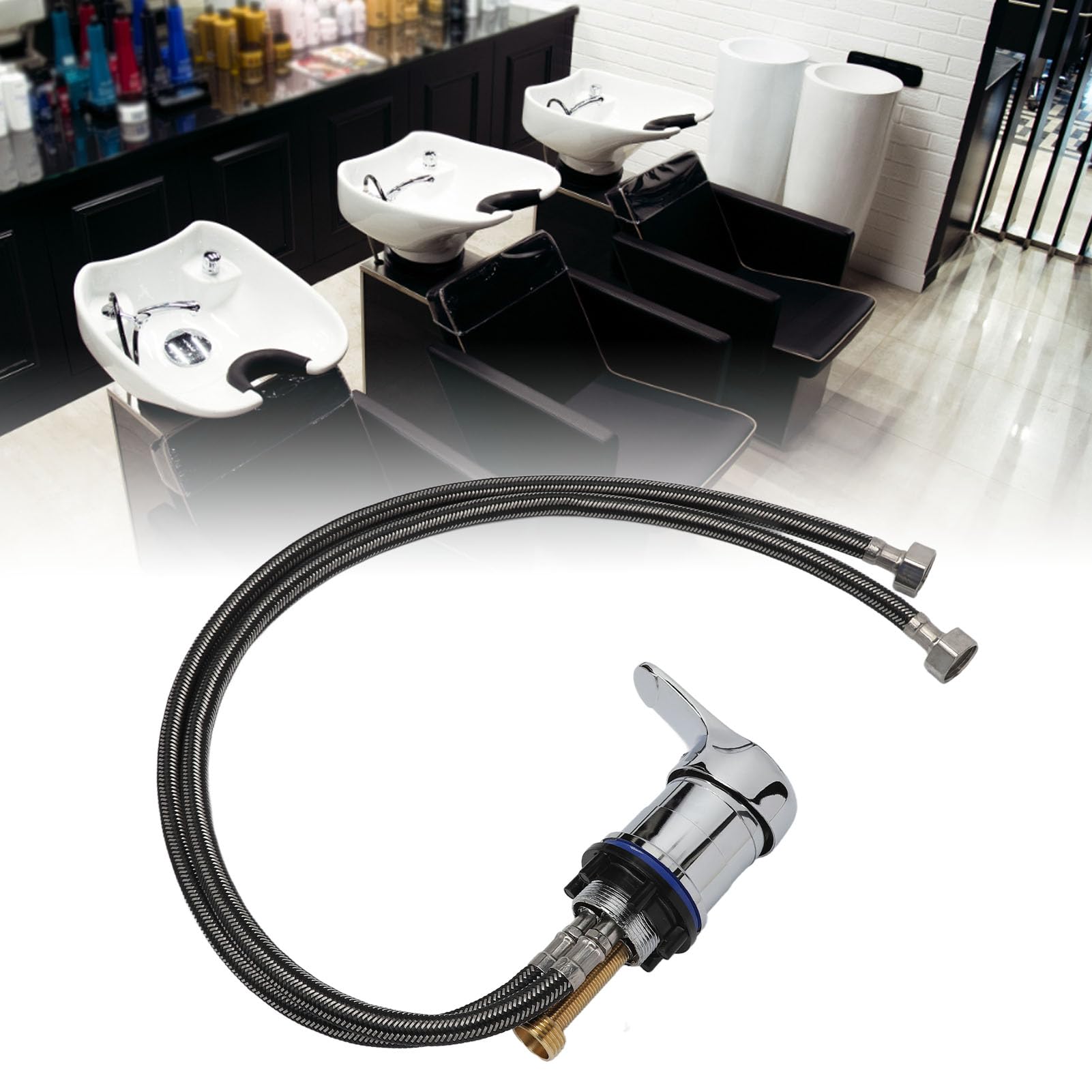 Sonew Pulvérisateur Mélangeur de Bassin de Shampoing de Salon, Robinet Mélangeur Chaud-froid de Remplacement en Alliage de Zinc avec Tube de 70cm pour Salon de Coiffure