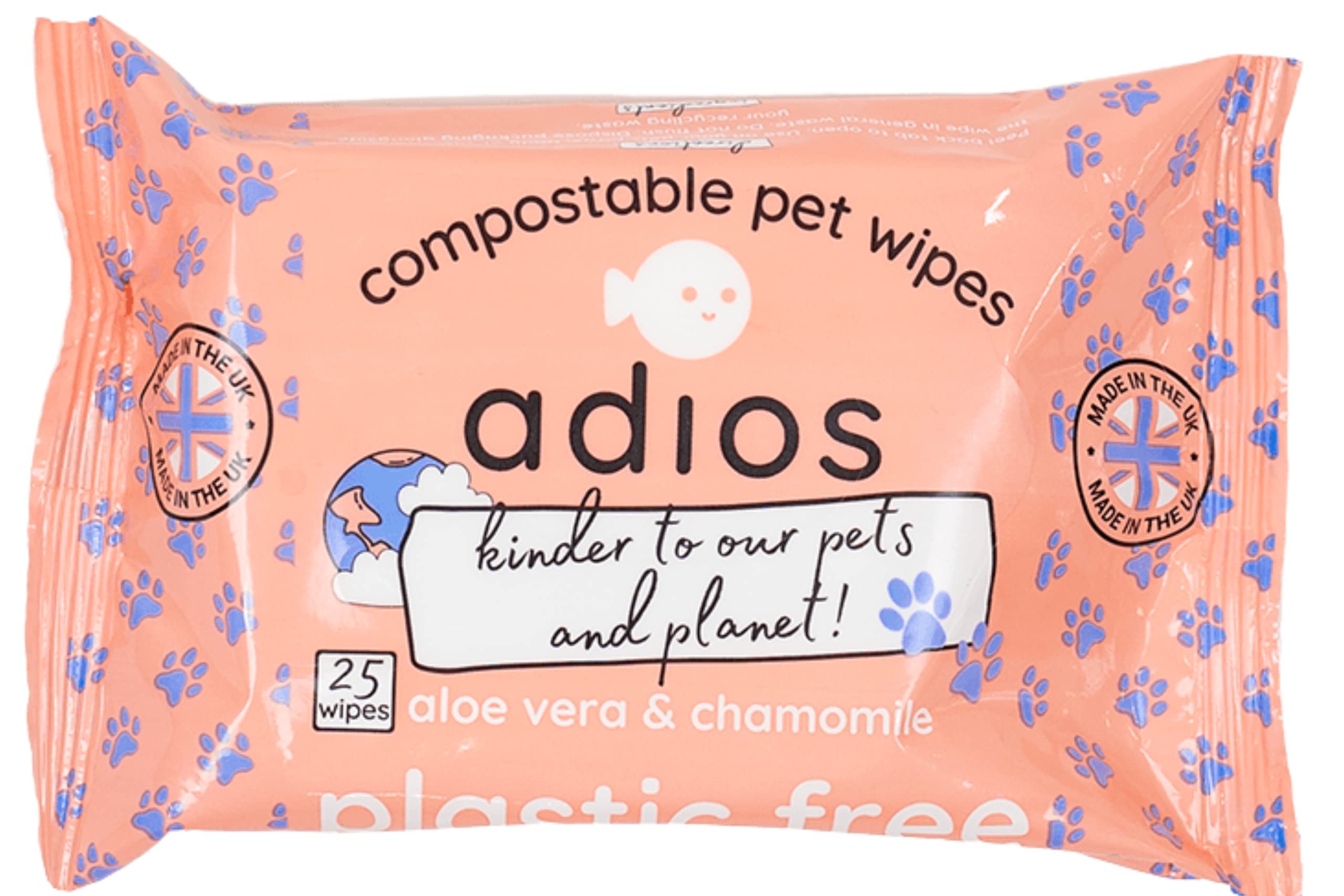 Adios - Compostable Grooming Wipes for Dogs, 100 Count (4x25) - Plant-Based Pet Wipes with Aloe Vera and Chamomile - Hypoallergenic, Plastic-Free, Certified Compostable - Made in the UK