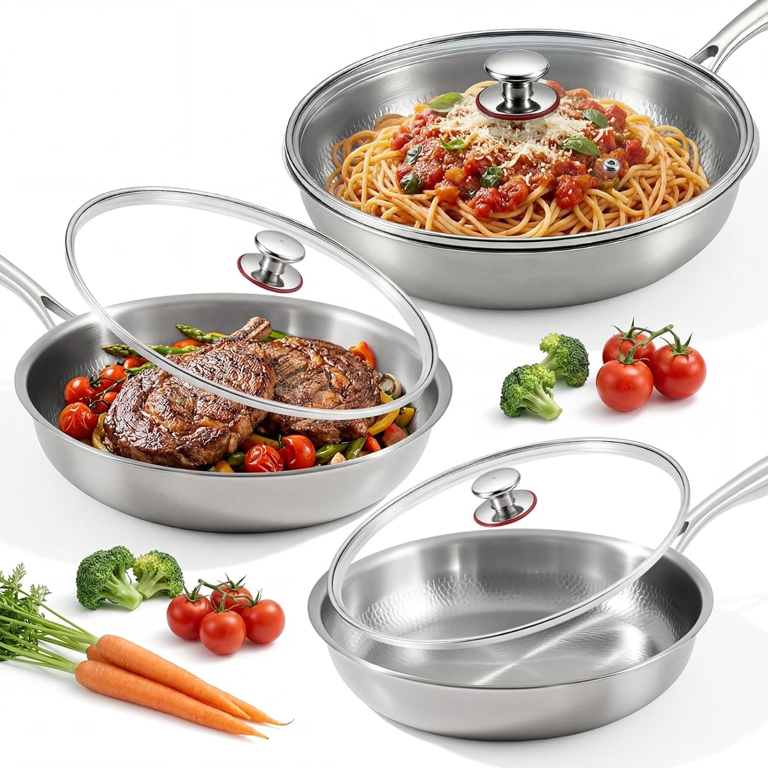LemonRoad 3 Pcs 10.23", 11.02", 11.81" Titanium Pan Set for Cooking, Hammered Pan with Lid for Cooking Durable Scratch Resistant, Safe for Oven Induction