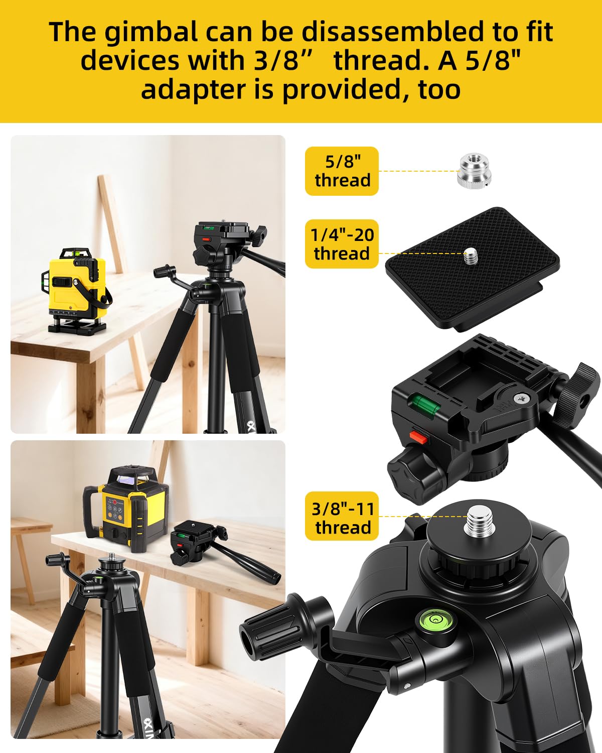 Treppiede in Alluminio 150 cm per Livellatori Laser | 0.8 mm Spessore & Gambe Esagonali | Testa Panoramica 360° | Doppia Filettatura 1/4" & 5/8" | per Laser Linea, a Punto e Professionali