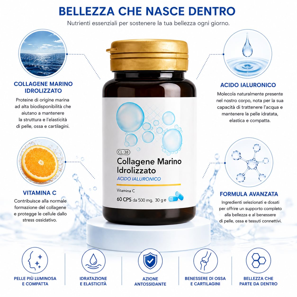 Collagene Marino Idrolizzato 240 Compresse | Acido Ialuronico, Pelle, Capelli, Unghie, Articolazioni