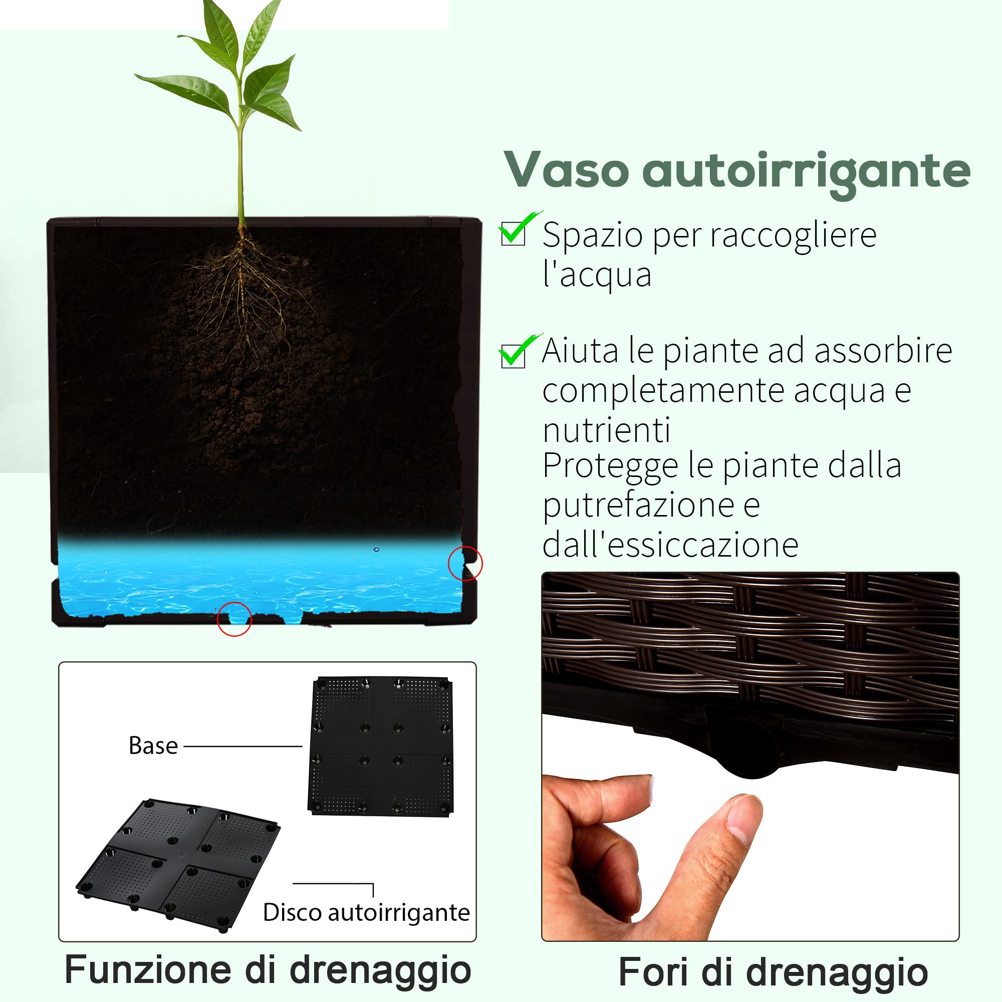 Outsunny Set 2 Pezzi Fioriere da Esterno Autoirriganti Rialzate Letto da Giardino Rialzato per Fiori Effetto Rattan in PP, Marrone
