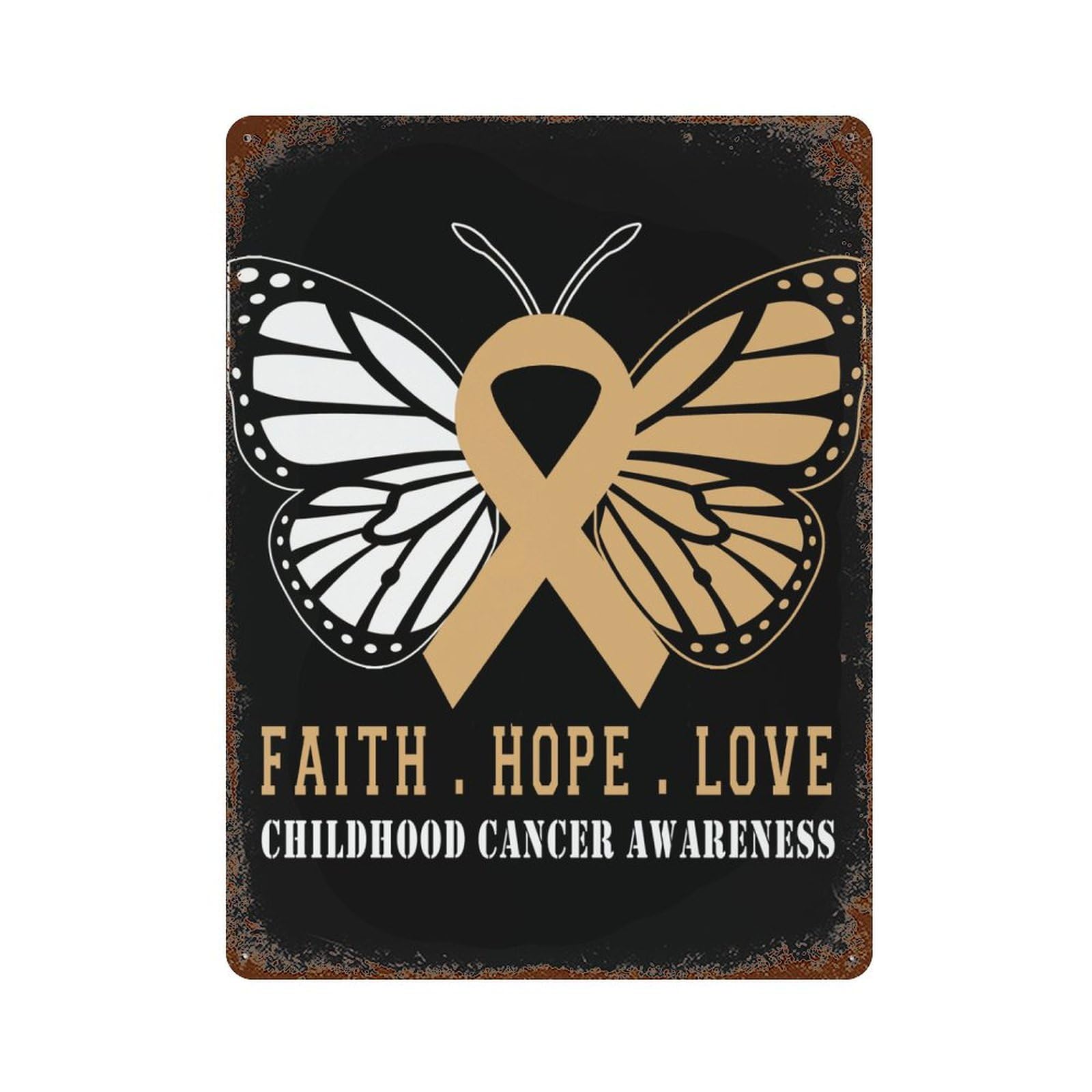 KWQDOZF Butterfly Childhood Cancer Awareness Theme Metal Tin Sign,Vintage Iron Hanging Plate Vertical with Rust Poster Wall Decor 12x16inch