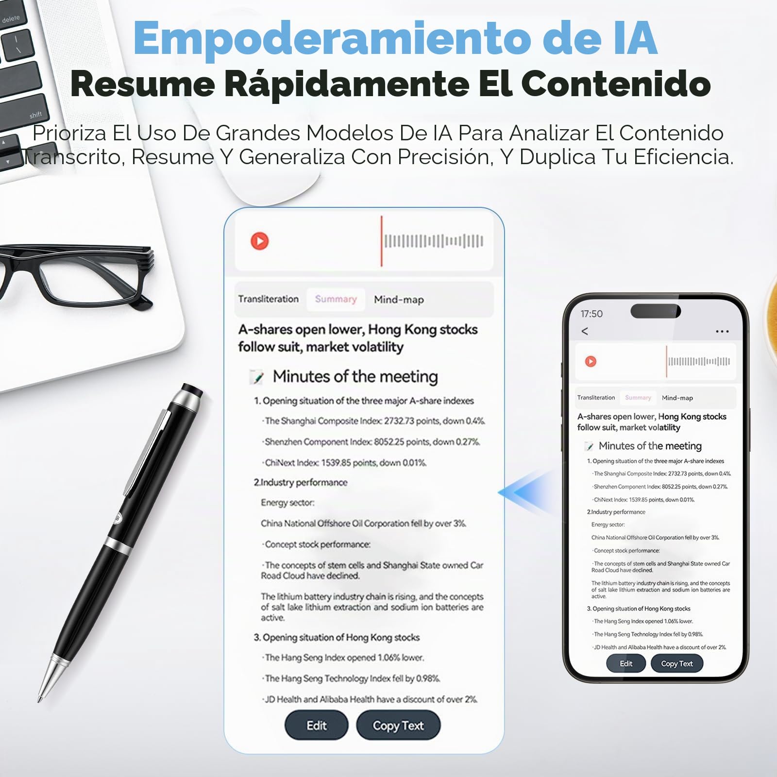 Grabadora de Voz con IA de 64GB, Bolígrafo Grabador de Audio con Transcripción y Traducción en Tiempo Real, Micrófono Espía Oculto, Resumen por IA y Mapa Mental, para Reuniones, Clases y Entrevistas