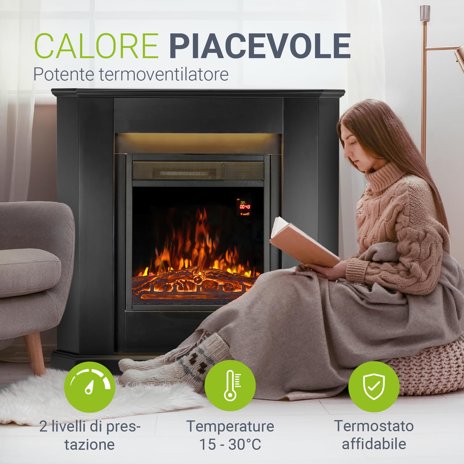Juskys camino elettrico 1000/2000 W con riscaldamento, fuoco di camino, effetto fiamma, telecomando, illuminazione a LED e timer - Camino elettrico angolare nero