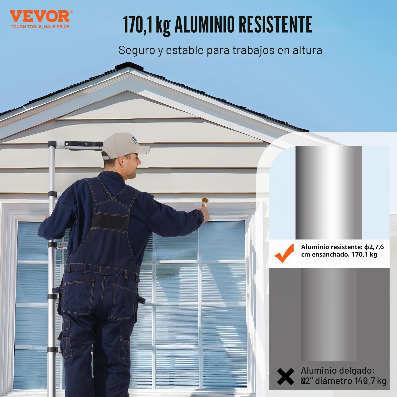 VEVOR Escalera Telescópica, Escalera Extensible Liviana Plegable de Aluminio con Retracción de un Botón, Capacidad de 170 kg con Pies Antideslizantes, para el Hogar, RV, Loft, 457 x 83 x 705 mm