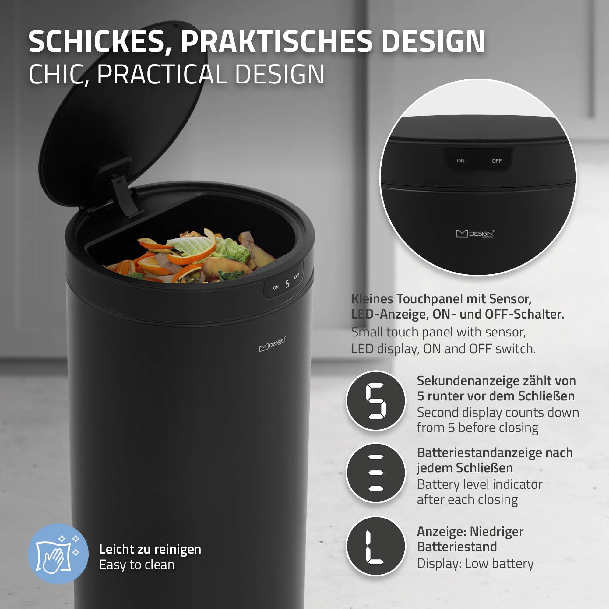 ML-Design Cubo de Basura con Sensor de Movimiento Inteligente Papelera Redonda con Apertura y Cierre Automática 40L Acero Inoxidable Negro Tapa con Pantalla LED y Anillo de Sujeción para Bolsas