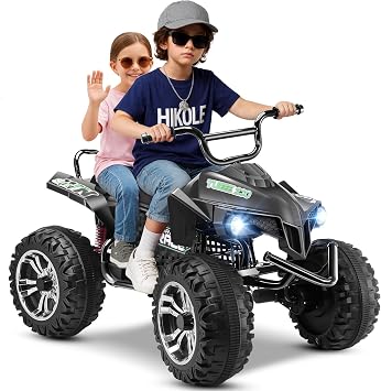 Hikole 24V 4 Wheeler ATV for Kids Aged 3+ for Outdoor Riding | 2 Seater XXL, Iron Frame, 4WD, 400W Motors, Shock Springs, USB/LED, Multi-Terrain Driving, Light Black