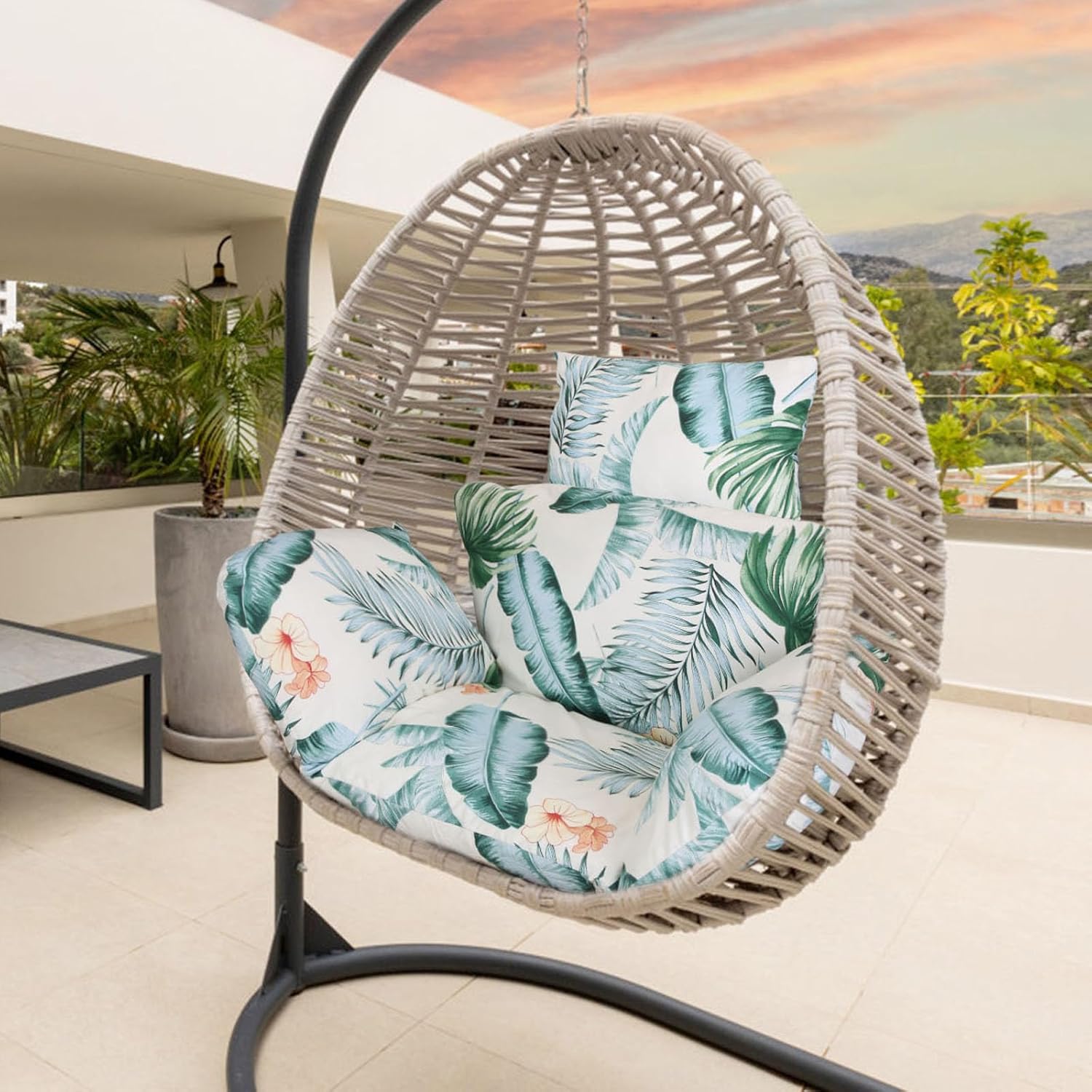 KOCASO Egg Chair Cushion Replacement - Ultra Soft & Thick Swing Chair Pad with Headrest - Indoor/Outdoor Hanging Basket Seat Cushion, Removable & Washable Cover - Beige_BlueLeaf, 45.28x49.21x6.3in