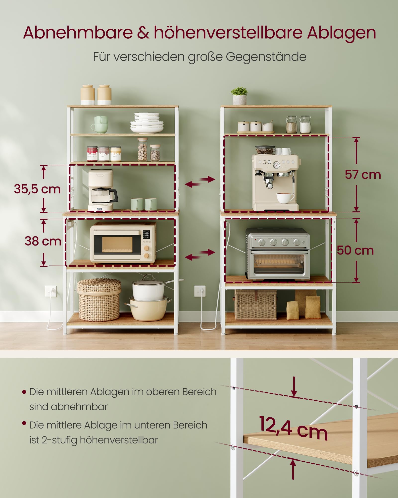 VASAGLE Küchenregal mit Steckdosen, Standregal für Küche, Mikrowellen-Regal, 6 Regalebenen, 6 Haken, Stahlrahmen, 40 x 80 x 167 cm, goldeichenfarben-wolkenweiß KKS119Y02