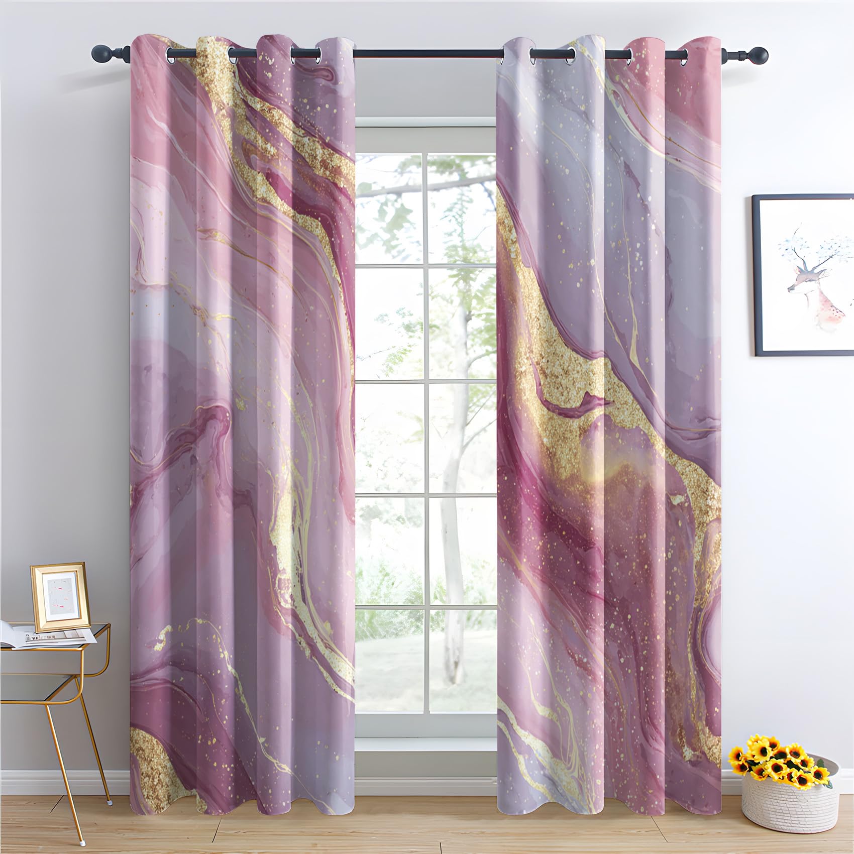 Venivici Pink Marble Blackout Curtains for Bedroom Living Room - 90 Inch Drop Curtains Eyelet, Abstract Modern Luxury Patterned Window Treatments, Thermal Insulated Drapes 90x90 2 Panels