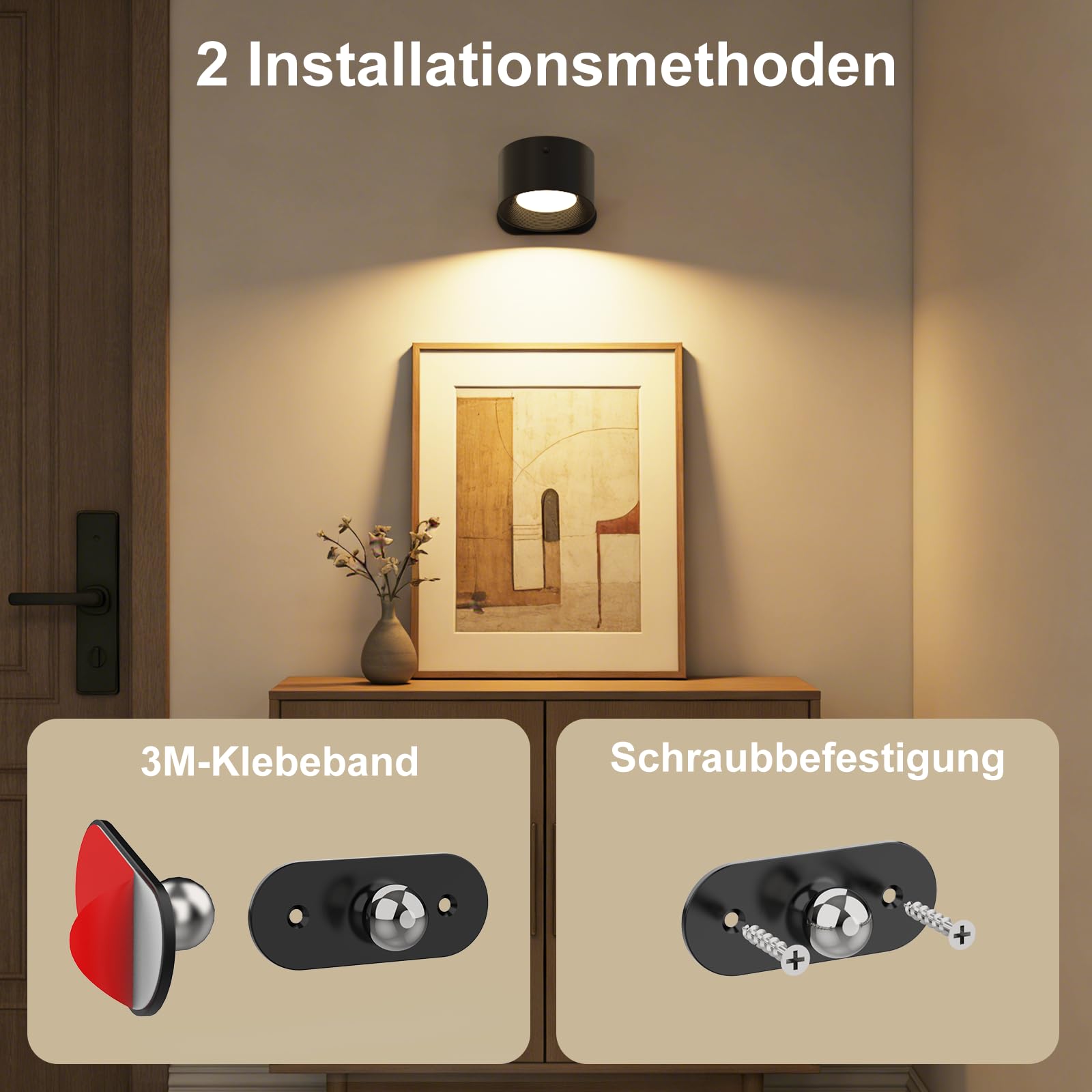 Wandleuchte Innen, Wandlampe mit Fernbedienung Dimmbar mit Akku mit USB-Ladeanschluss, Led Wandleuchte Touch Control 3 Helligkeitsstufen 3 Farbmodi 360° drehbare für Wohnzimmer Schwarz 2 Stück