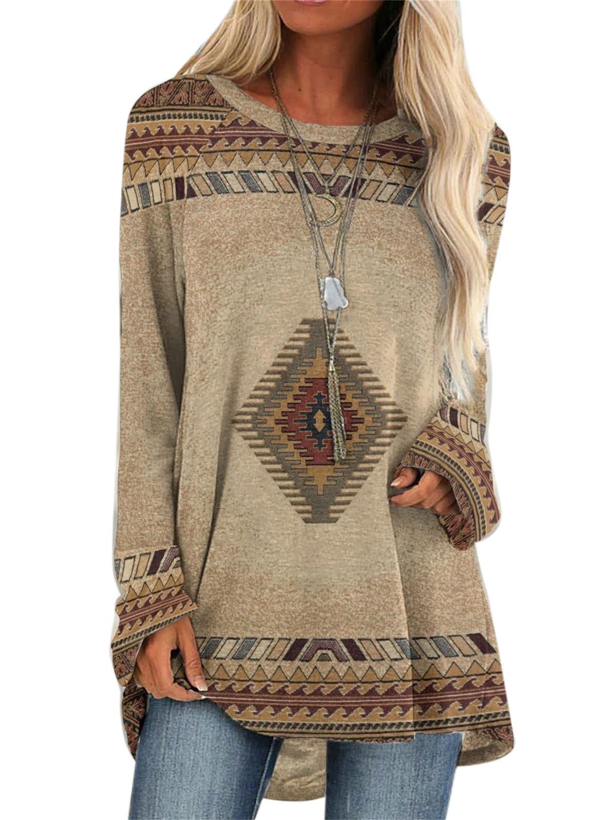 Women Casual Round Neck Pullover Ethnic Style Printed Mid Length Long Sleeve T-Shirts Retro Western Aztec Pattern Dresses Tops