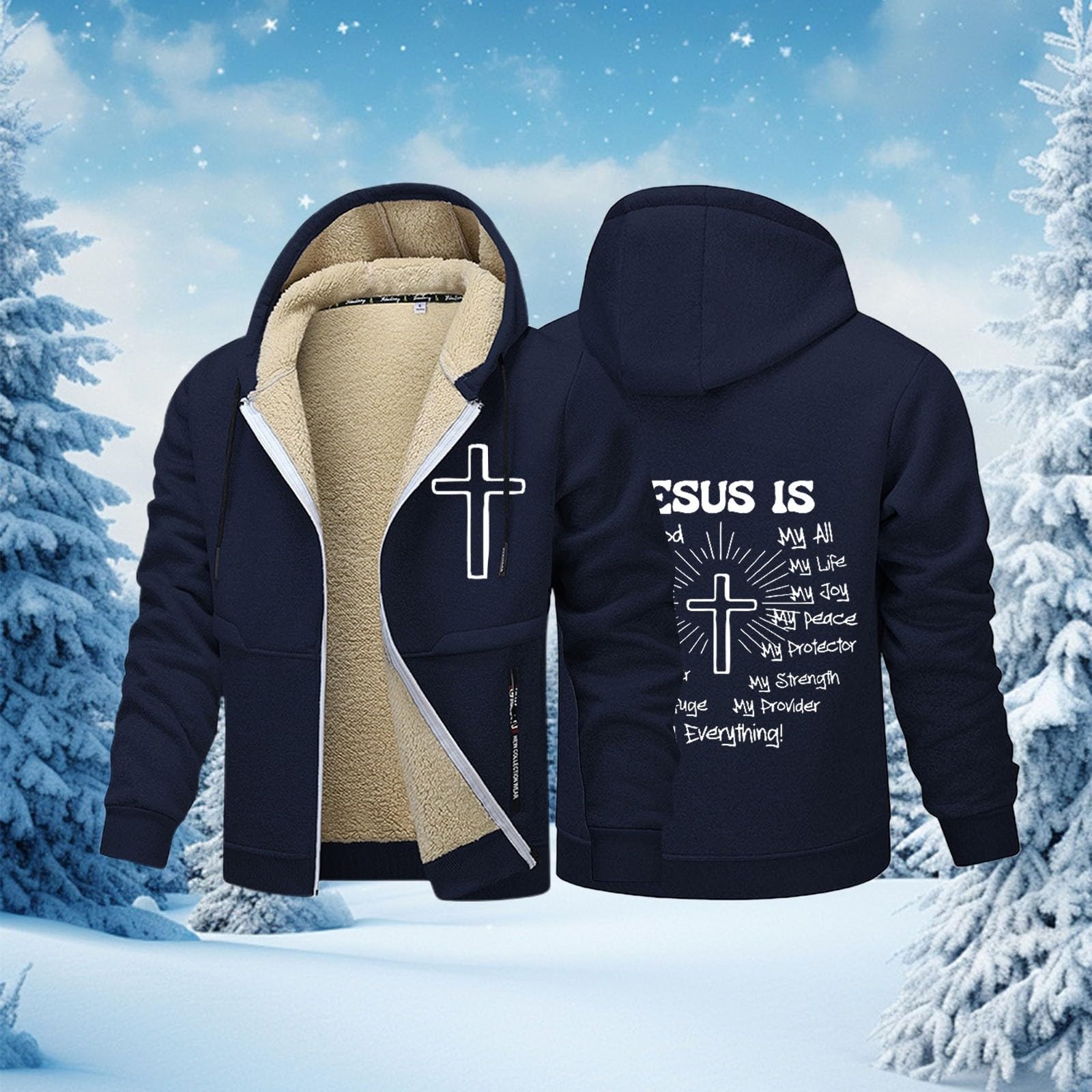 Generisch Veste polaire doublée avec capuche, manteau d'hiver chaud avec fermeture éclair intégrale, pull doux et chaud pour temps froid, douillet et confortable (bleu marine, XXXL)