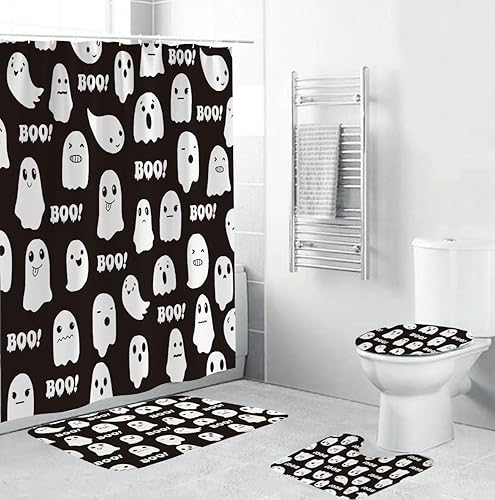 Juego de 4 cortinas de ducha de fantasma de Halloween con alfombras antideslizantes, cubierta para tapa de inodoro y tapete de baño, accesorios de