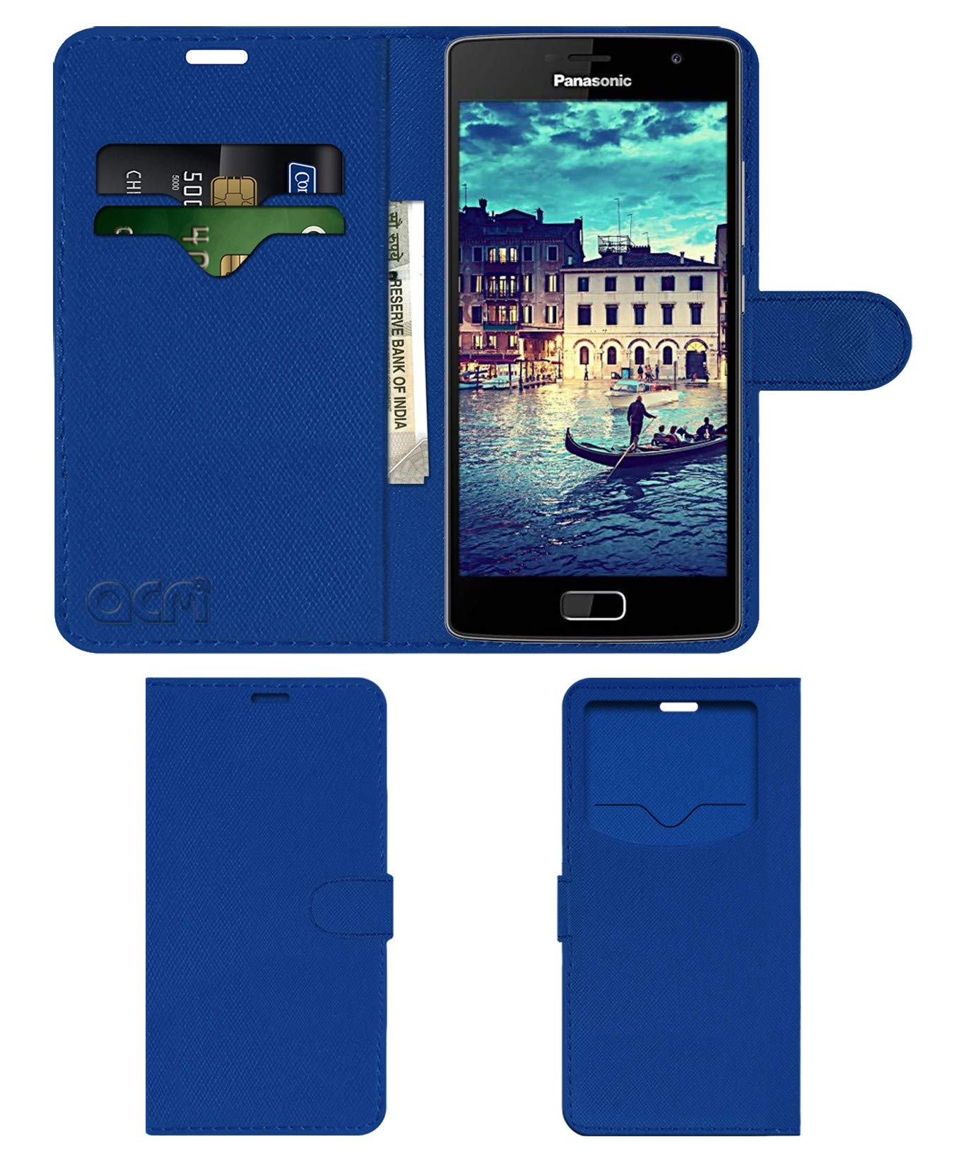ACM Leather Window Flip Wallet Front & Back Case Compatible with Panasonic Eluga Tapp Mobile Cover Blue