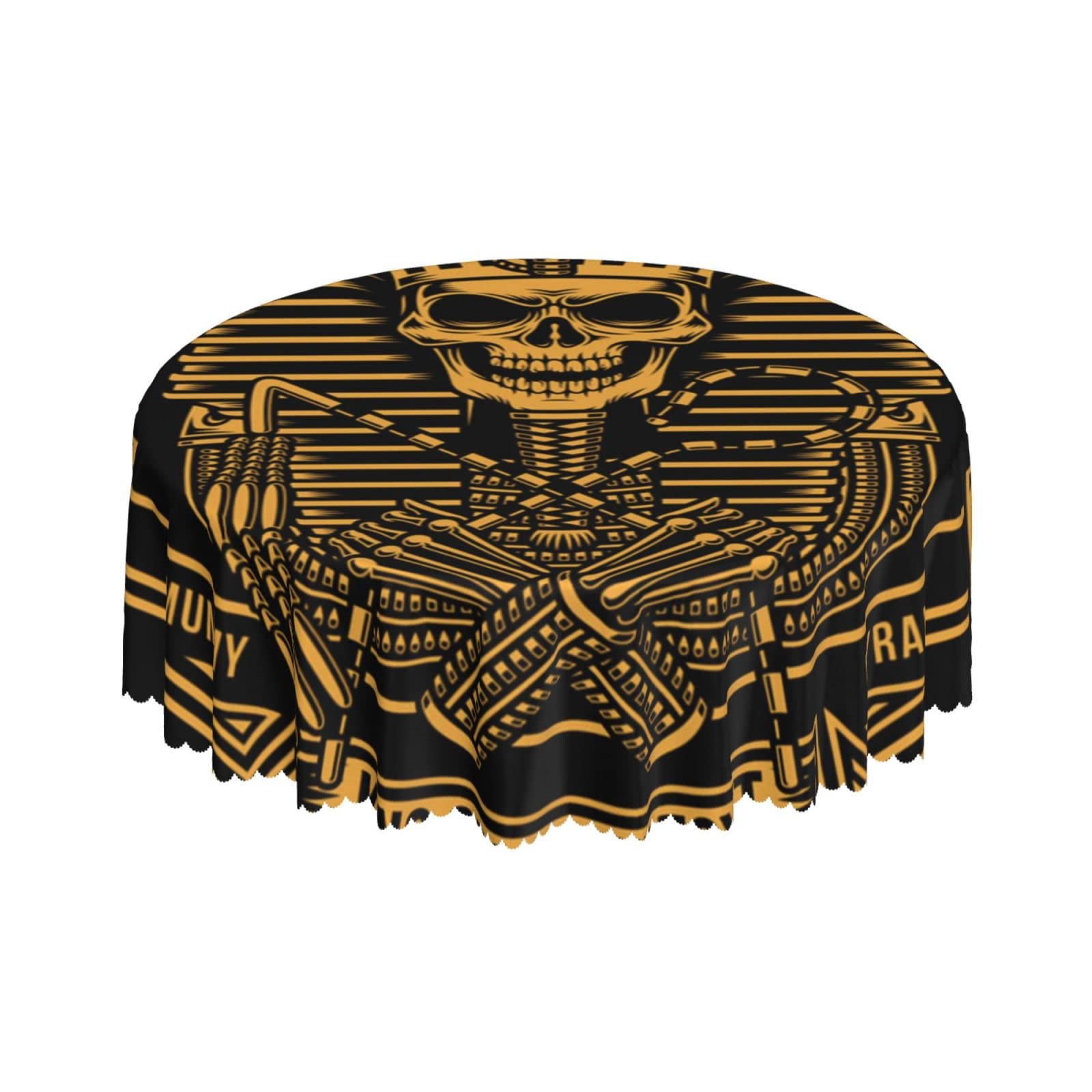 Lsjuee Pharaoh Skull Ancient Egypt Gold Black Round Tablecloth 60 Inch Printed Washable Tablecloth for Dining Party Holiday Fall Home Decorative