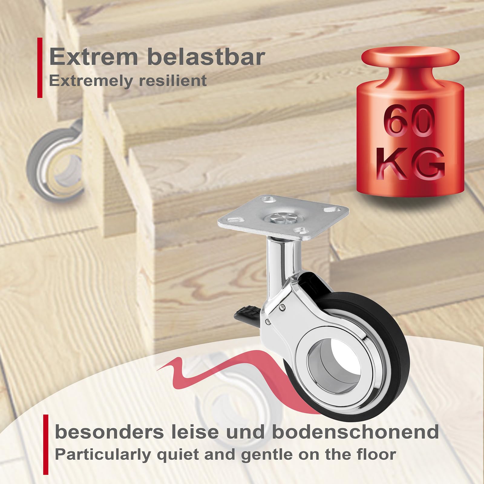 SOTECH Set Möbelrollen BERLIN Ø 60 mm chrom/schwarz 2 x mit und 2 x ohne Bremse (Feststeller) inkl. Schraubenset Belastbarkeit bis 240 kg (60 kg pro Transportrolle)