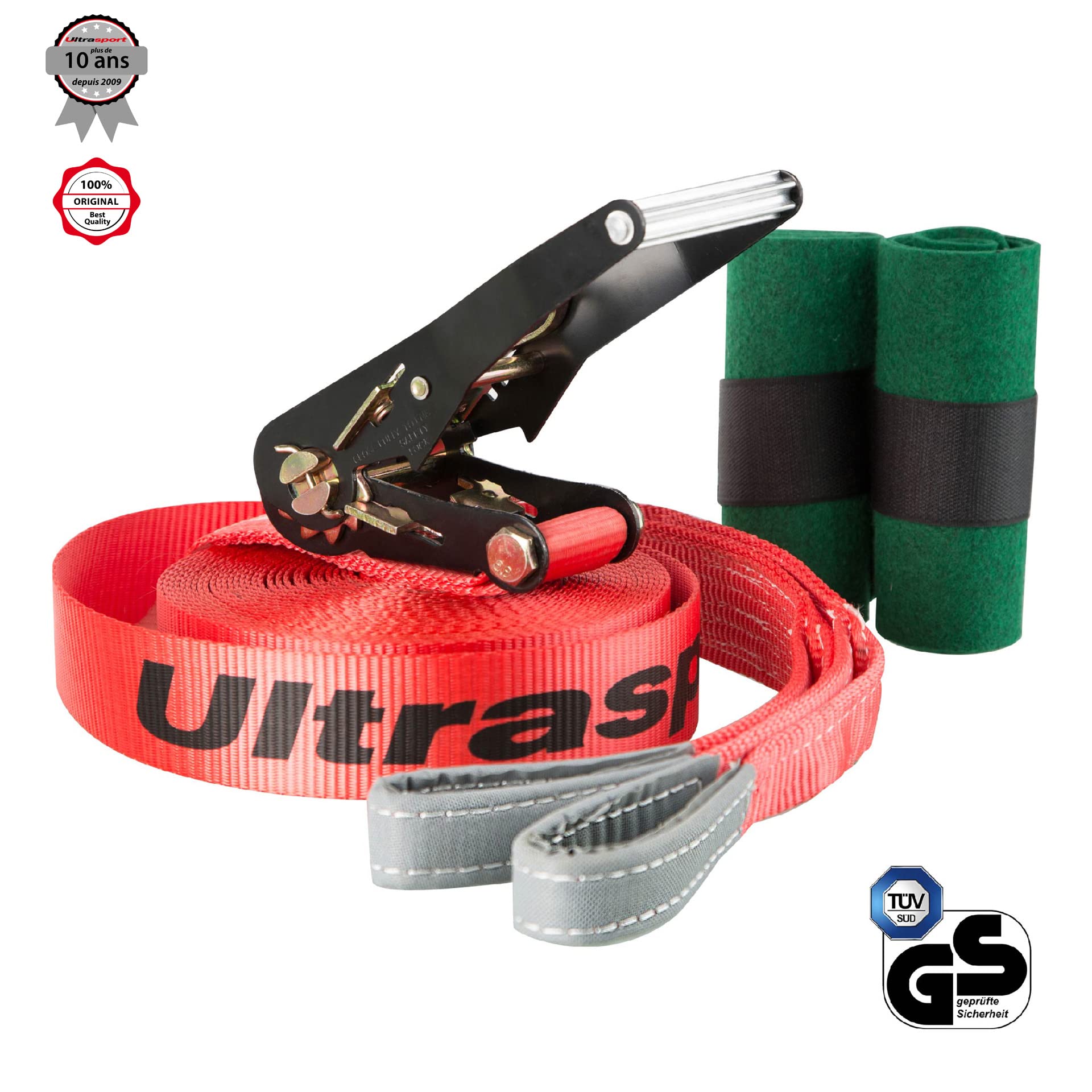 Ultrasport Slackline 15m-25m, avec cliquet et Sac Transport, Jeu Complet Slackline, Disponible avec et sans Protection d'arbre, Jeu Slackline, Slackline Fitness, certifié TÜV GS, Enfants et Adultes