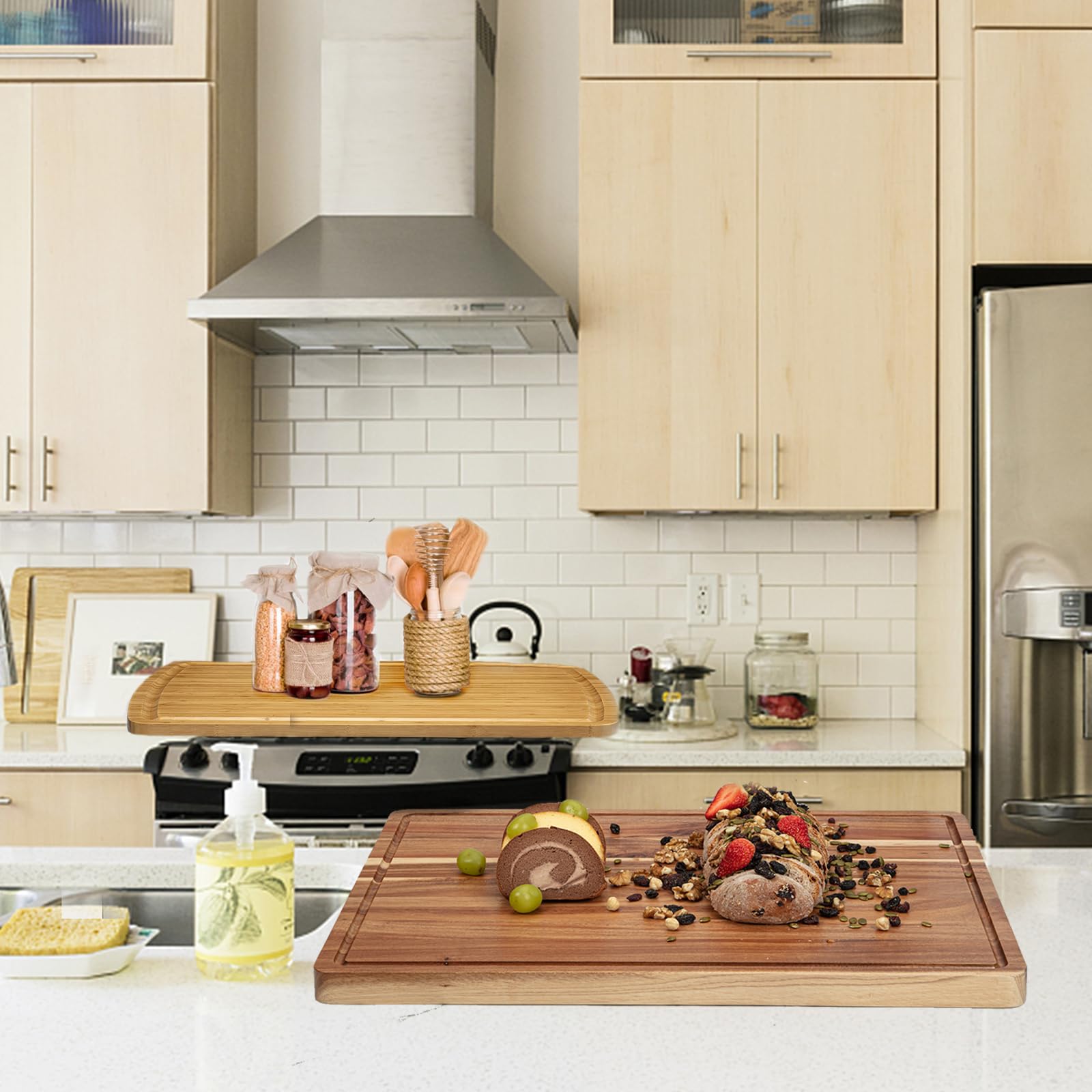 Garvee Tagliere grande in legno di acacia da 50 x 38 cm, per cucina, 3,8 cm di spessore, con scanalatura per succo, taglieri per preparare e servire i pasti, blocco in legno per macellaio per carne