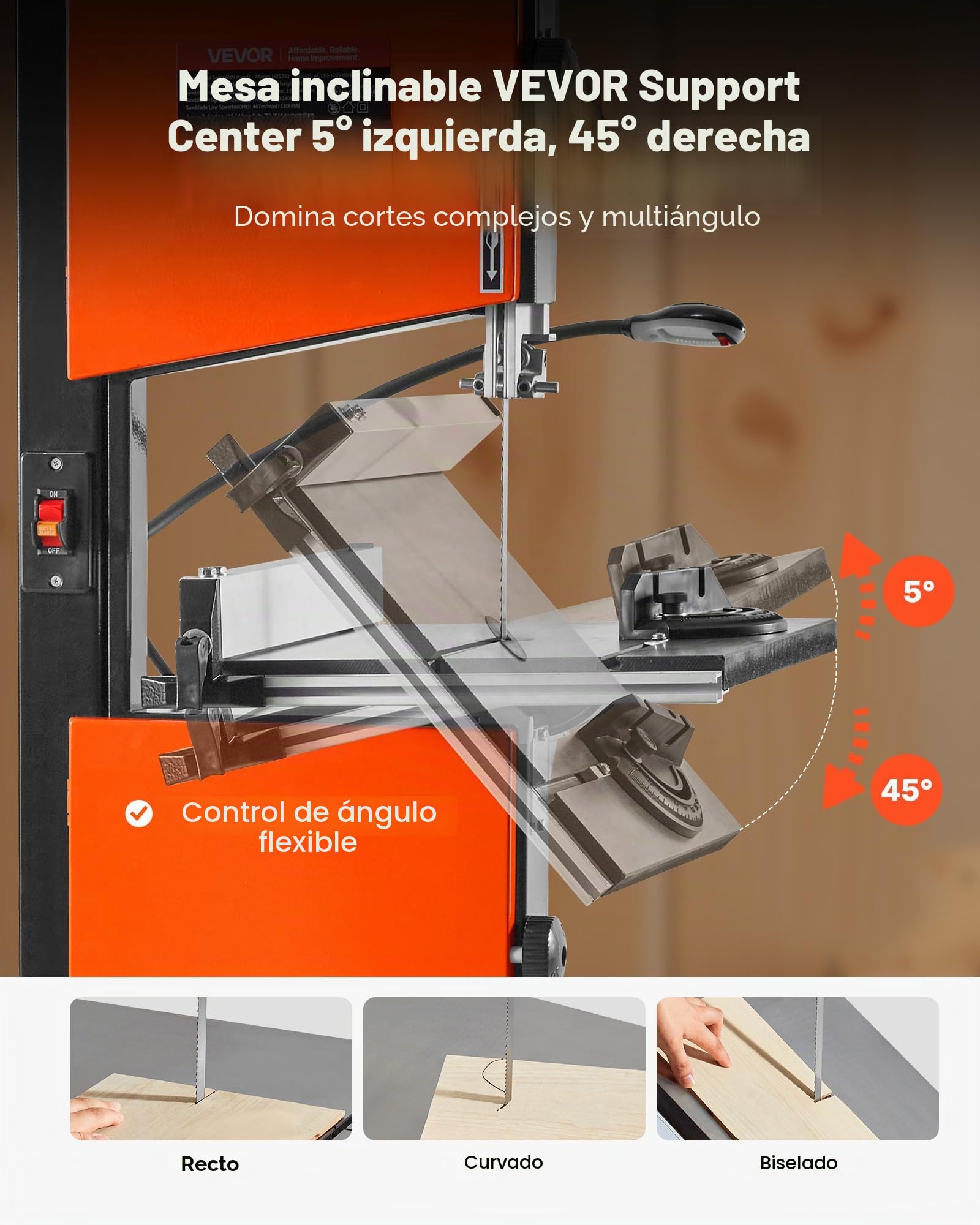 VEVOR Sierra de Cinta, Ancho de Corte de 254 mm, 2 Velocidades, Motor de 373 W, Altura de Corte de 160 mm, Mesa de Hierro Fundido de 335 x 340 mm, Luz de Trabajo de 360 Grados, para Carpintería