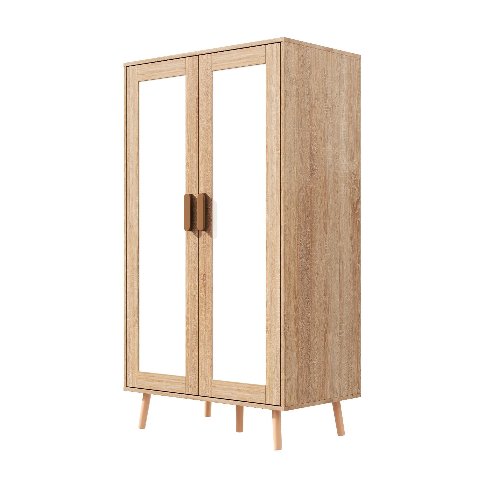 Armario infantil, juego con armario de dos puertas y abierto, para dormitorio, con barra para colgar y cajones, en color blanco y madera, 160 x 46 x 141,5 cm, Natural+Blanco
