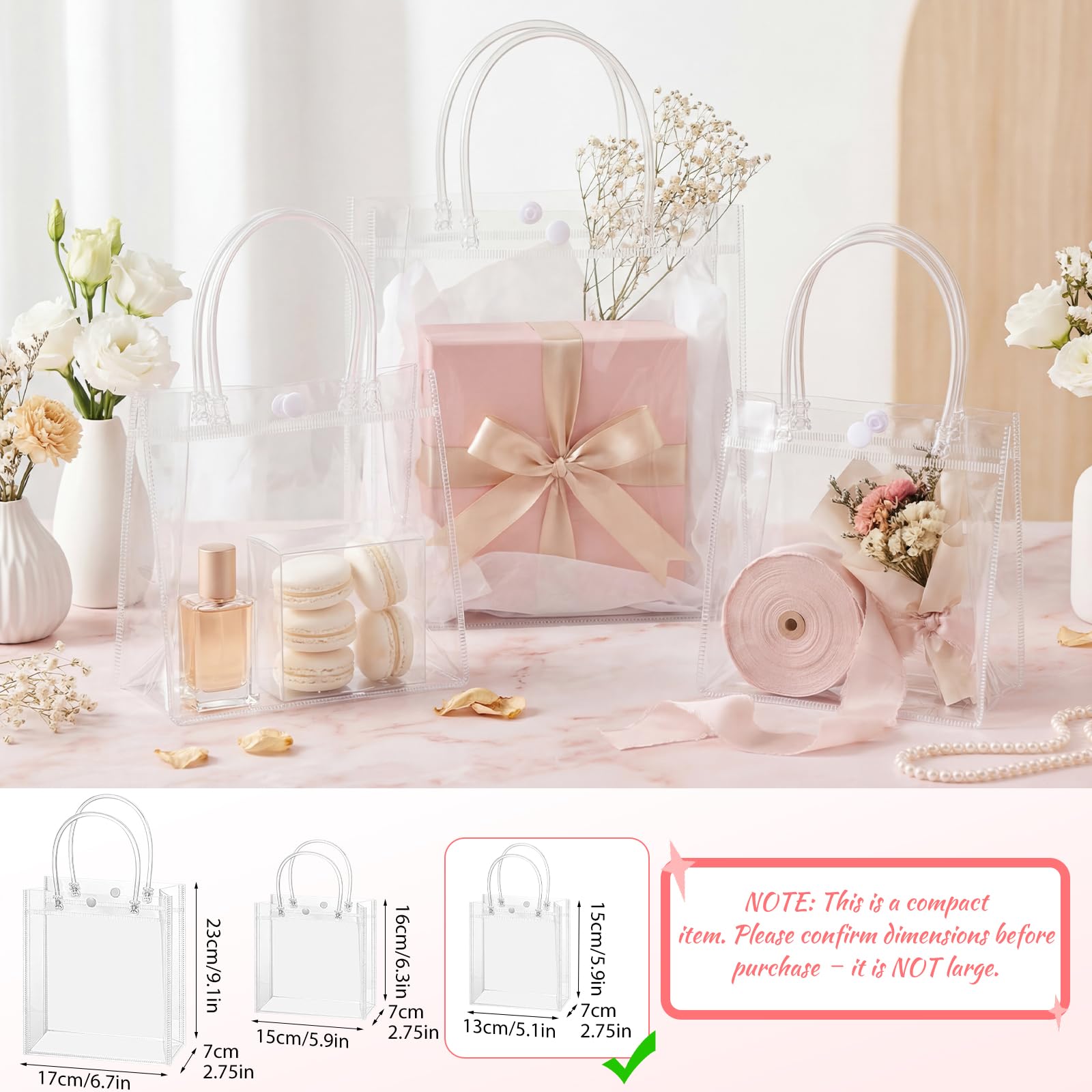 woric Clear Gift Bags with Handles, 15 PCS Small Plastic Party Favor Bags Reusable Transparent Gift Wrap Goodie Bag Bulk for Weddings Graduation Father's Day Birthdays 5.9"x5.1"x2.75"