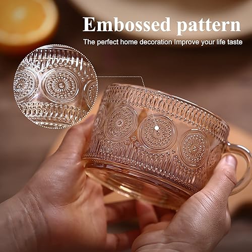 Miniatura 4 de Tazas de café de vidrio vintage ámbar para mujeres, 14 onzas, juego de 4 tazas de té de cristalería en relieve para desayuno, capuchino, latte,