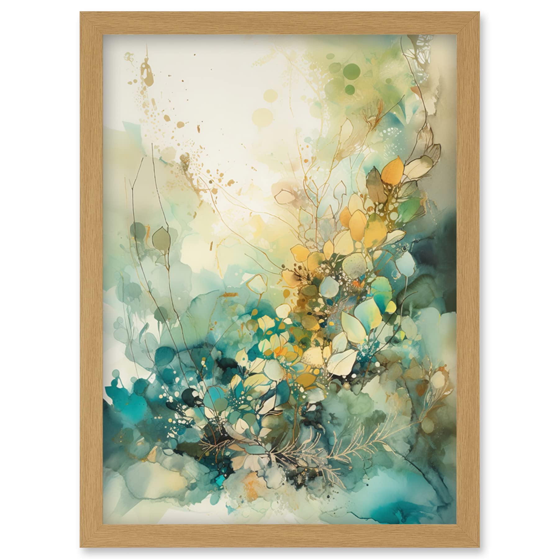 Artery8 Wild Plant Flora in Teal Blue and Orange Modern Watercolour Painting Artwork Framed Wall Art Print A4