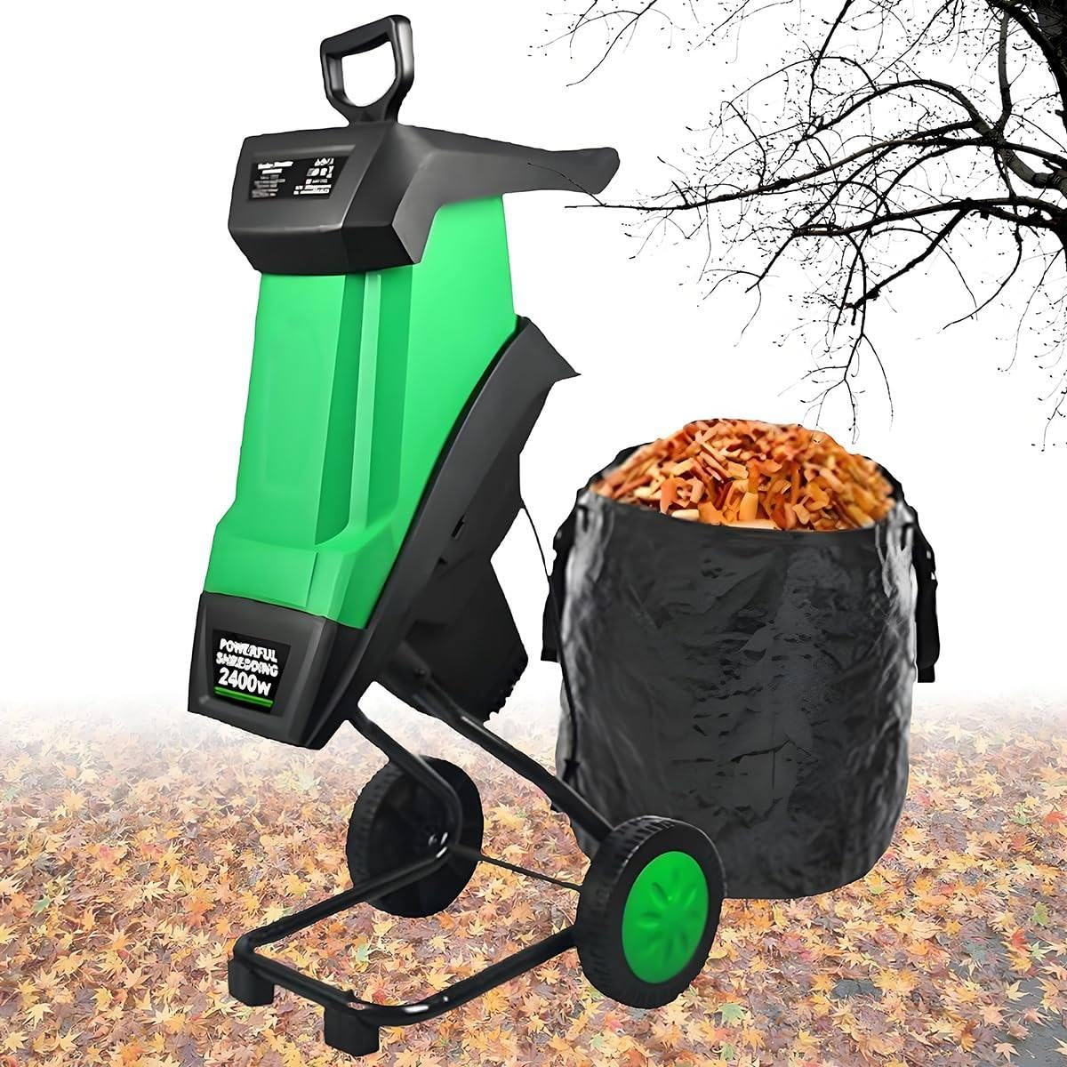 Trituradora eléctrica de jardín y trituradora de madera con bolsa de recogida de 50 L, potente trituradora de hojas, capacidad de corte de 40 mm, protección contra sobrecarga para césped y jardín