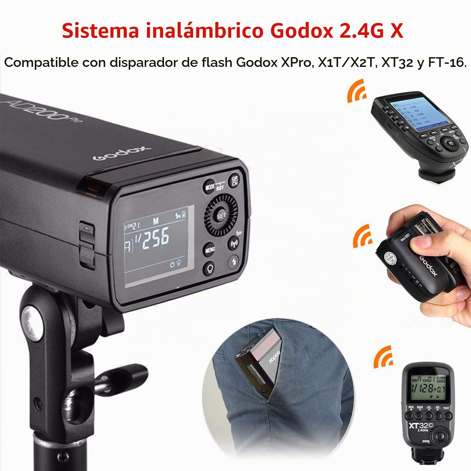Godox AD200 Pro AD200Pro Flash Strobe, 200w 2.4G TTL 1/8000 HSS Speedlite con 2900mAh Batería de Litio, 500 Full Power Monolight，Bombilla Desnuda/Speedlite Fresnel Flash Cabeza