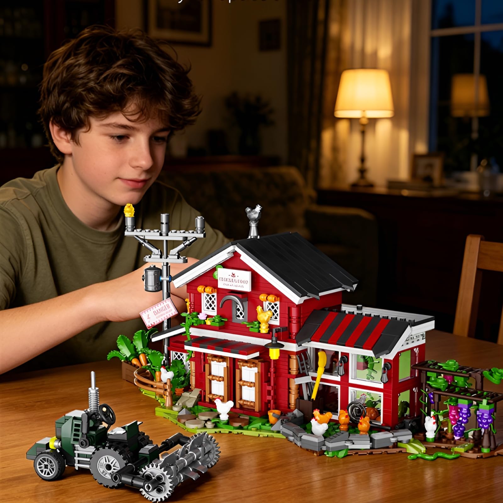Western Farm Bausteine, Rotes Scheunen Hühnerstall Architektur Modell | Ländliches Bauernhaus Bauspielzeug mit Hühnerstall Traktor Weinlaube, Dekoration für Homeoffice, Geschenk für Erwachsene
